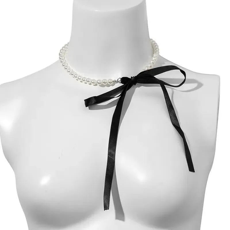 Elegant Black Ribbon Choker Necklace with White Pearls: Timeless Elegance