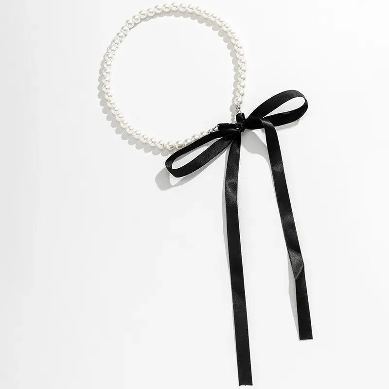 Elegant Black Ribbon Choker Necklace with White Pearls: Timeless Elegance