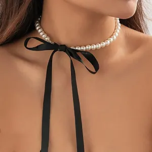 Elegant Black Ribbon Choker Necklace with White Pearls: Timeless Elegance