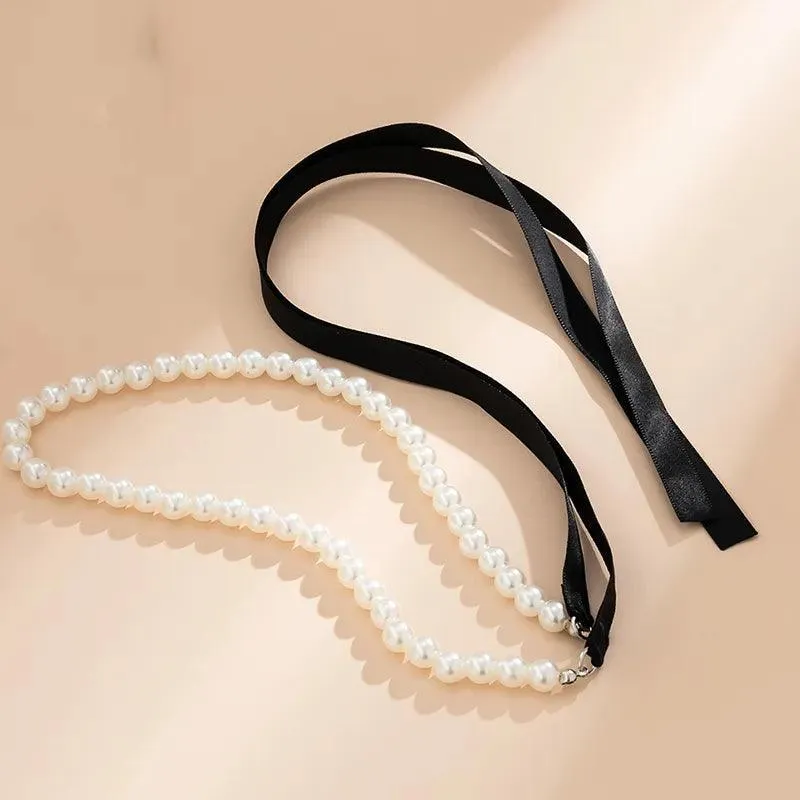 Elegant Black Ribbon Choker Necklace with White Pearls: Timeless Elegance