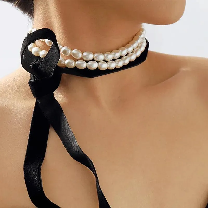 Elegant Black Ribbon Choker Necklace with White Pearls: Timeless Elegance