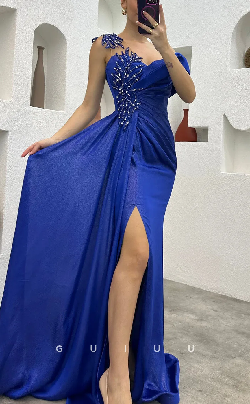 G3491 - Chic & Modern Sheath Asymmetrical Beaded High Side Slit Draped Long Party Prom Dress With Sweep Train