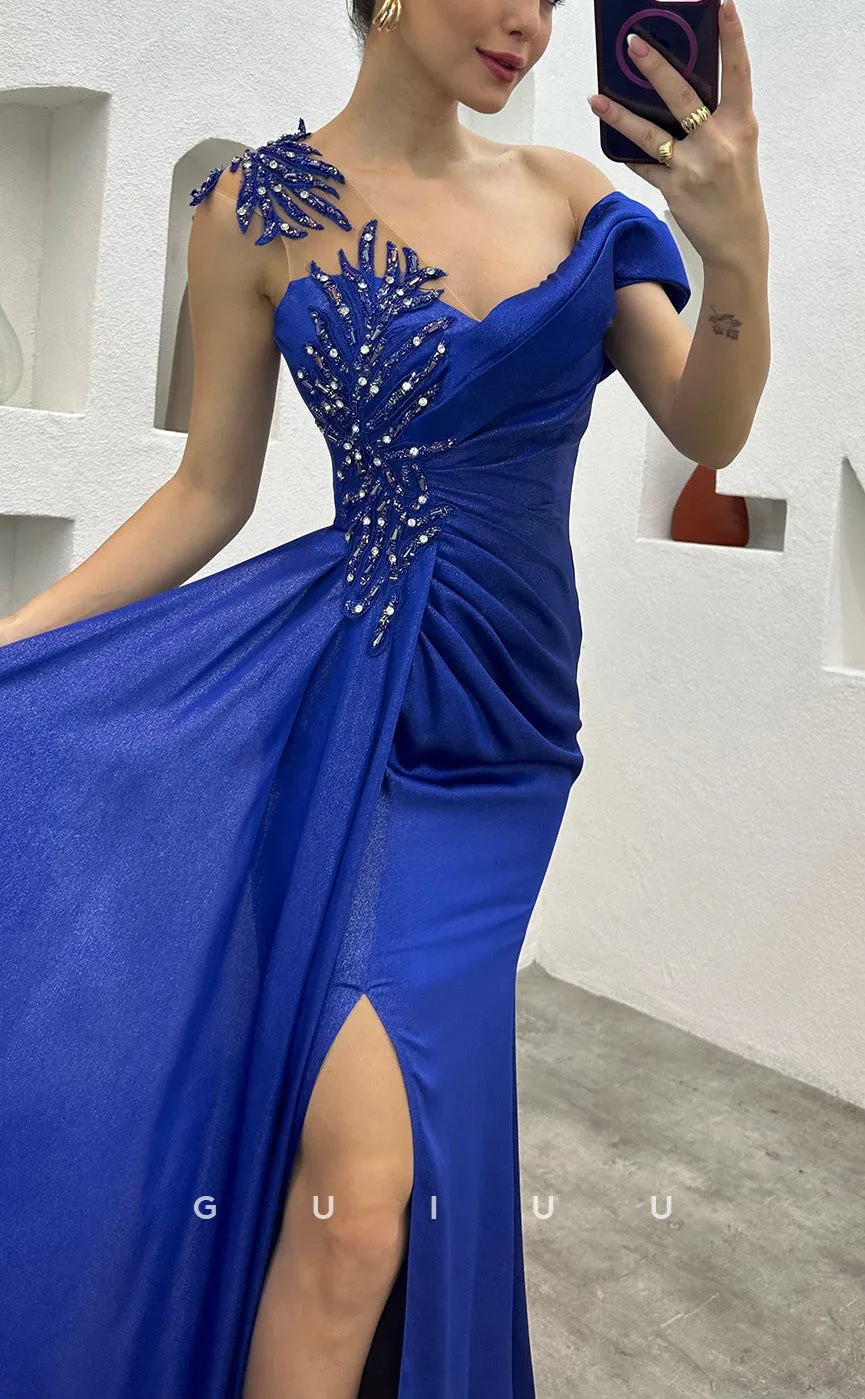 G3491 - Chic & Modern Sheath Asymmetrical Beaded High Side Slit Draped Long Party Prom Dress With Sweep Train