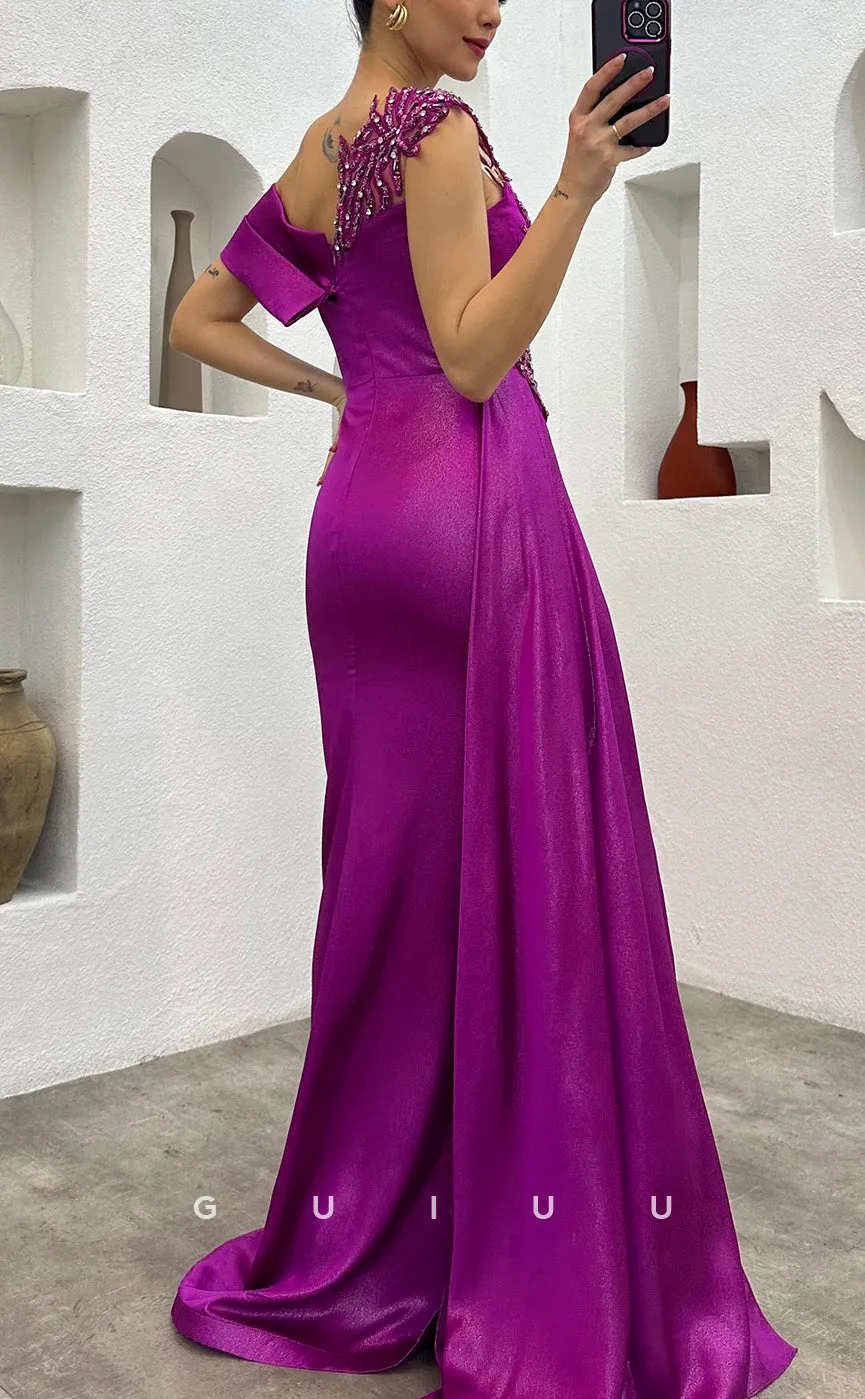 G3491 - Chic & Modern Sheath Asymmetrical Beaded High Side Slit Draped Long Party Prom Dress With Sweep Train