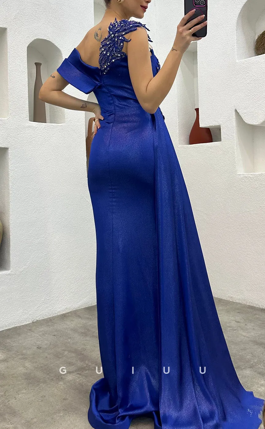 G3491 - Chic & Modern Sheath Asymmetrical Beaded High Side Slit Draped Long Party Prom Dress With Sweep Train