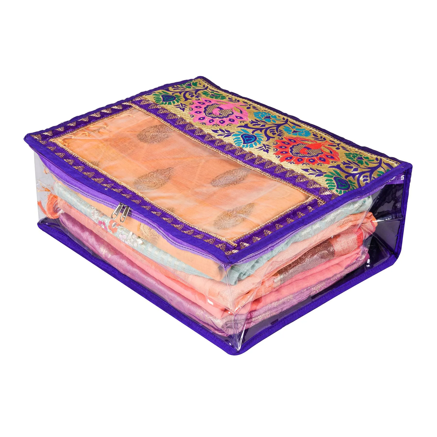 Heart Home Saree Cover | Clothes Storage Bag | Storage Organizer Bag | Zip Closure Saree Cover | Wardrobe Organizer | Carry Half Lace Transparent Saree Cover | 6 Inch | Royal Blue