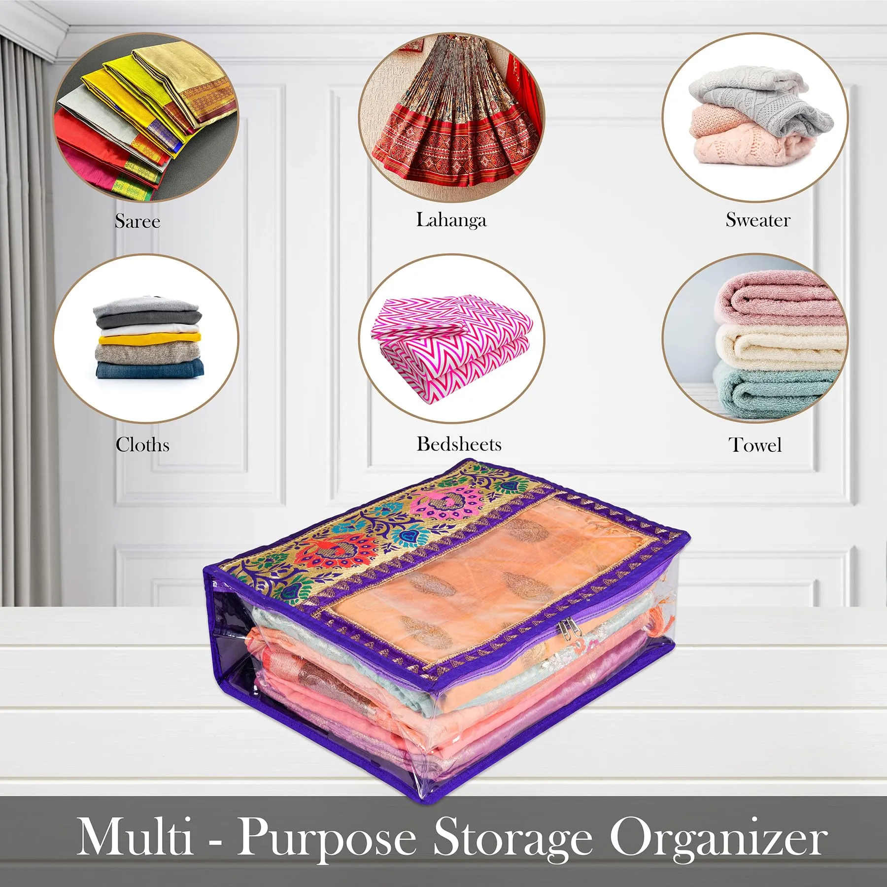 Heart Home Saree Cover | Clothes Storage Bag | Storage Organizer Bag | Zip Closure Saree Cover | Wardrobe Organizer | Carry Half Lace Transparent Saree Cover | 6 Inch | Royal Blue