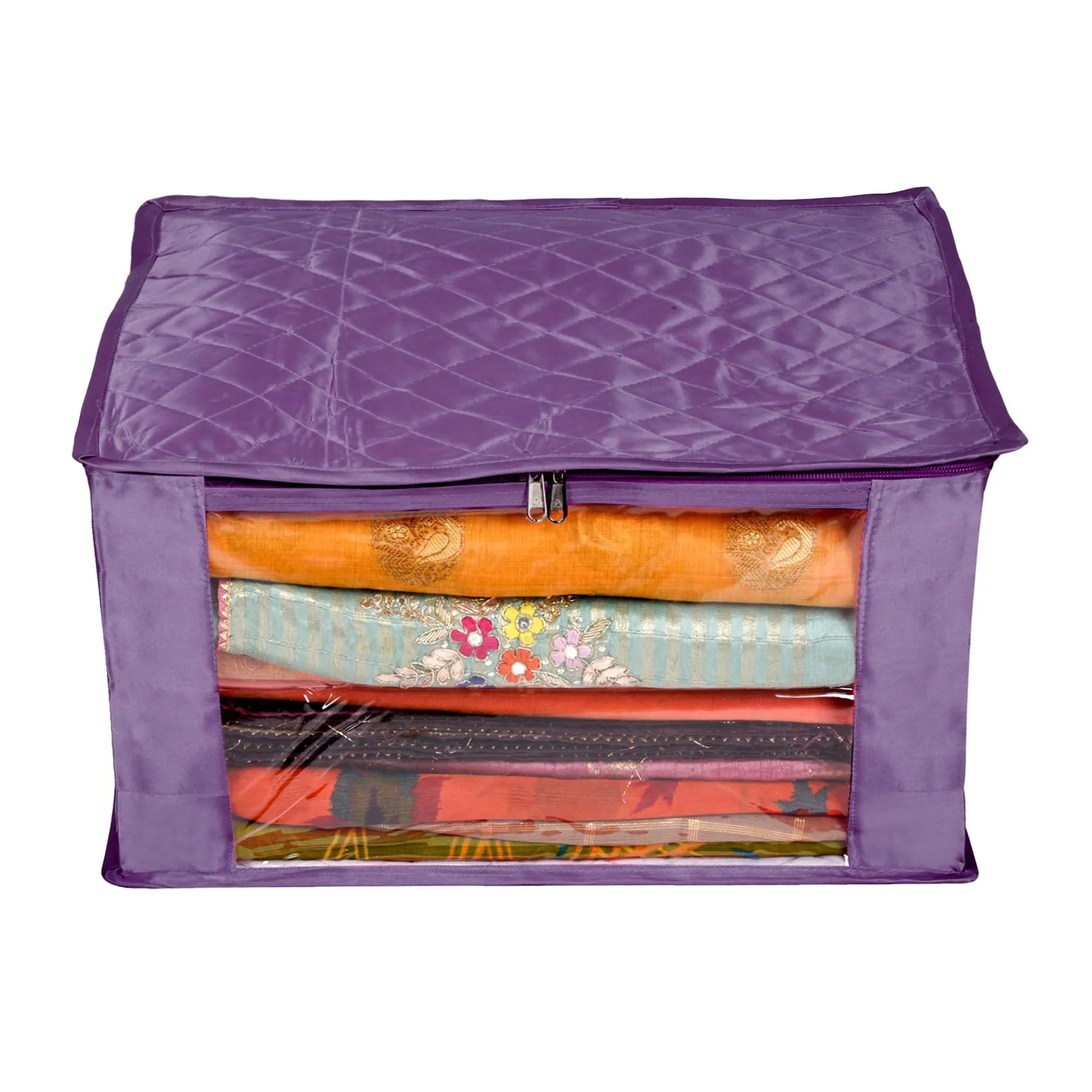Heart Home Saree Cover | Zip Closure Saree Cover | Clothes Storage Bag | Wardrobe Organiser for Suit | Transparent Window Saree Cover | 9 inch | Pack of 2 | Purple