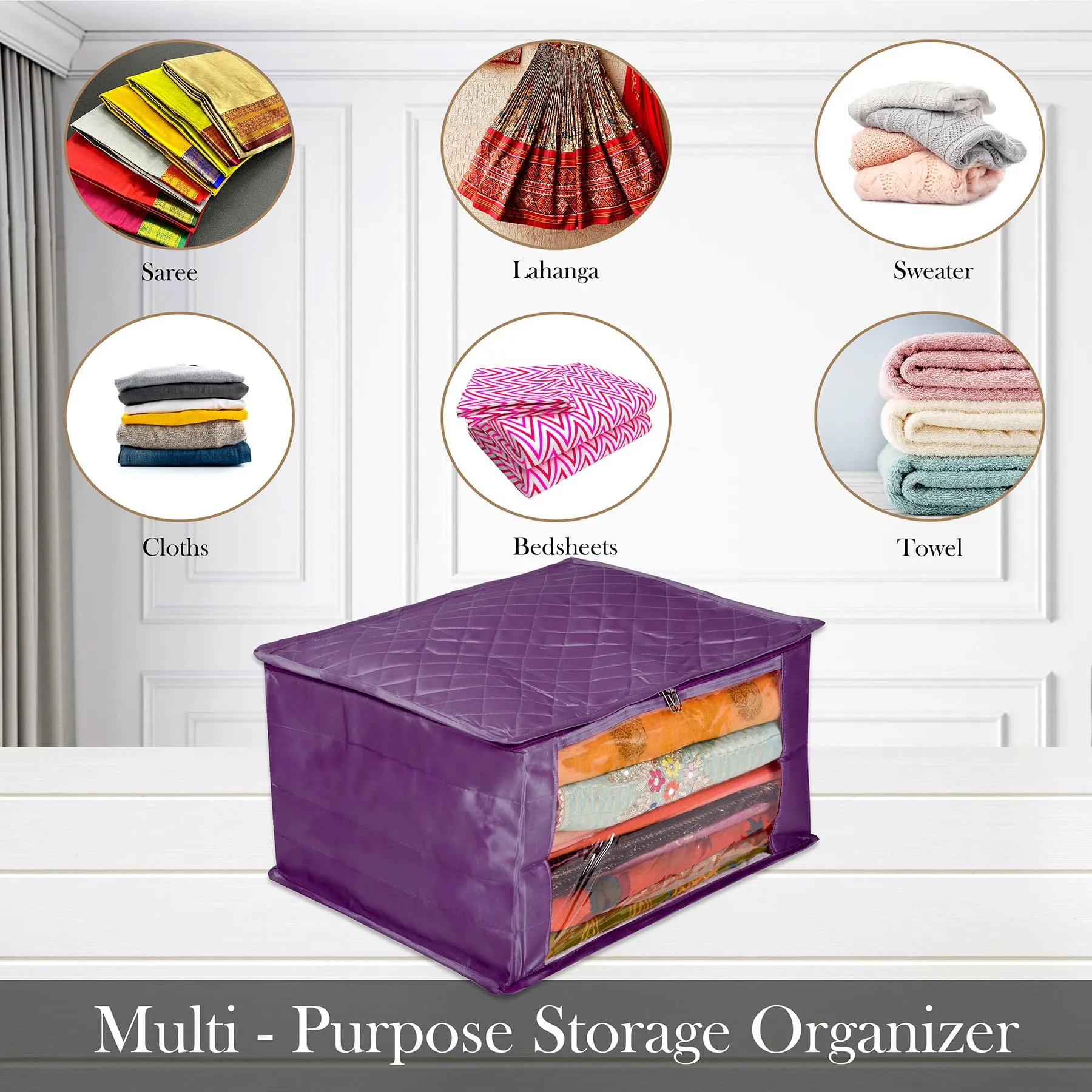 Heart Home Saree Cover | Zip Closure Saree Cover | Clothes Storage Bag | Wardrobe Organiser for Suit | Transparent Window Saree Cover | 9 inch | Pack of 2 | Purple