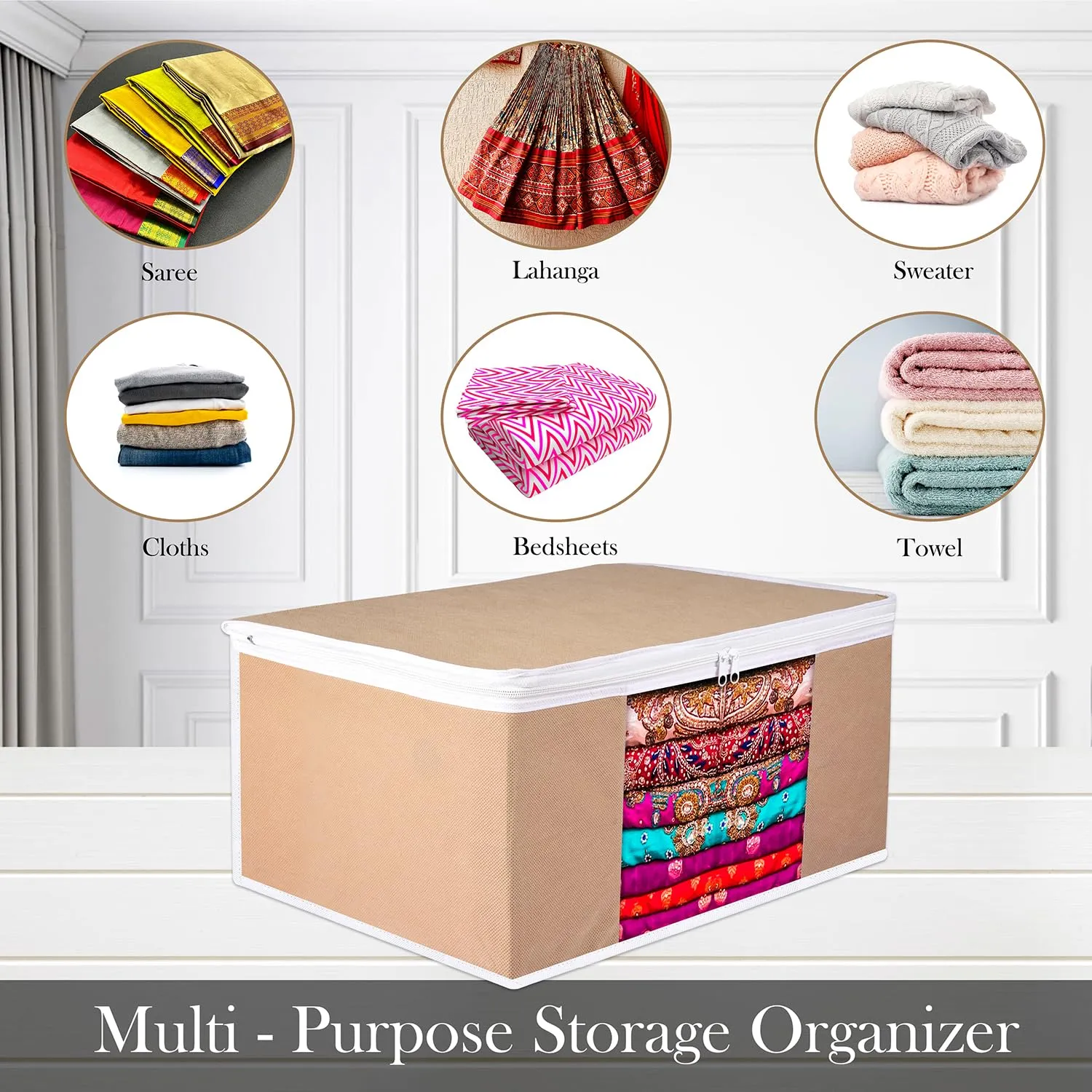 Heart Home Saree Cover | Zip Closure Saree Cover | Clothes Storage Bag | Wardrobe Organiser for Suit | Transparent Window Saree Cover | Plain-White Border | 9 inch | Pack of 9 | Brown