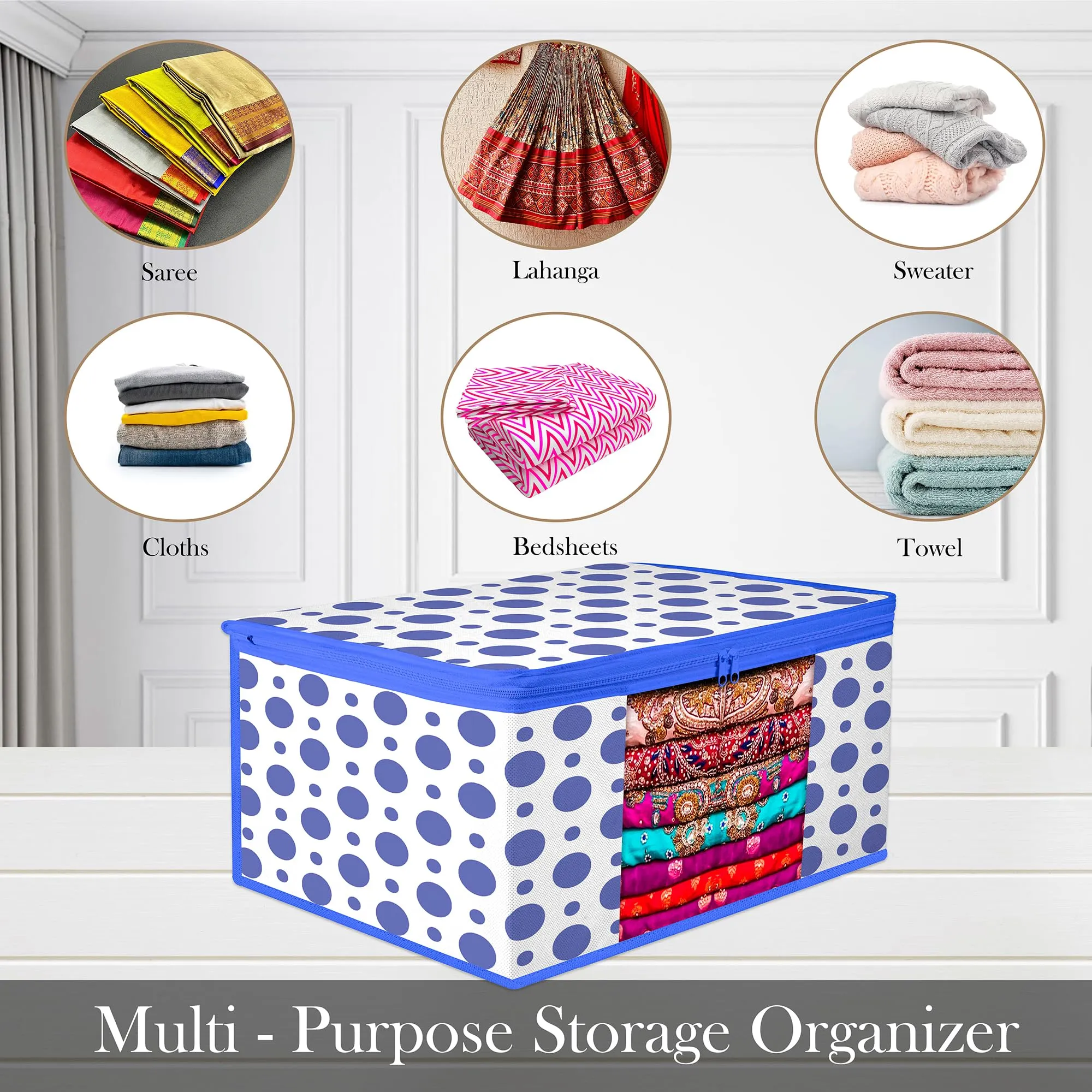 Heart Home Saree Cover | Zip Closure Saree Cover | Clothes Storage Bag | Wardrobe Organiser | Transparent Window Saree Cover | Dot-Design | 9 inch | Pack of 6 | Blue