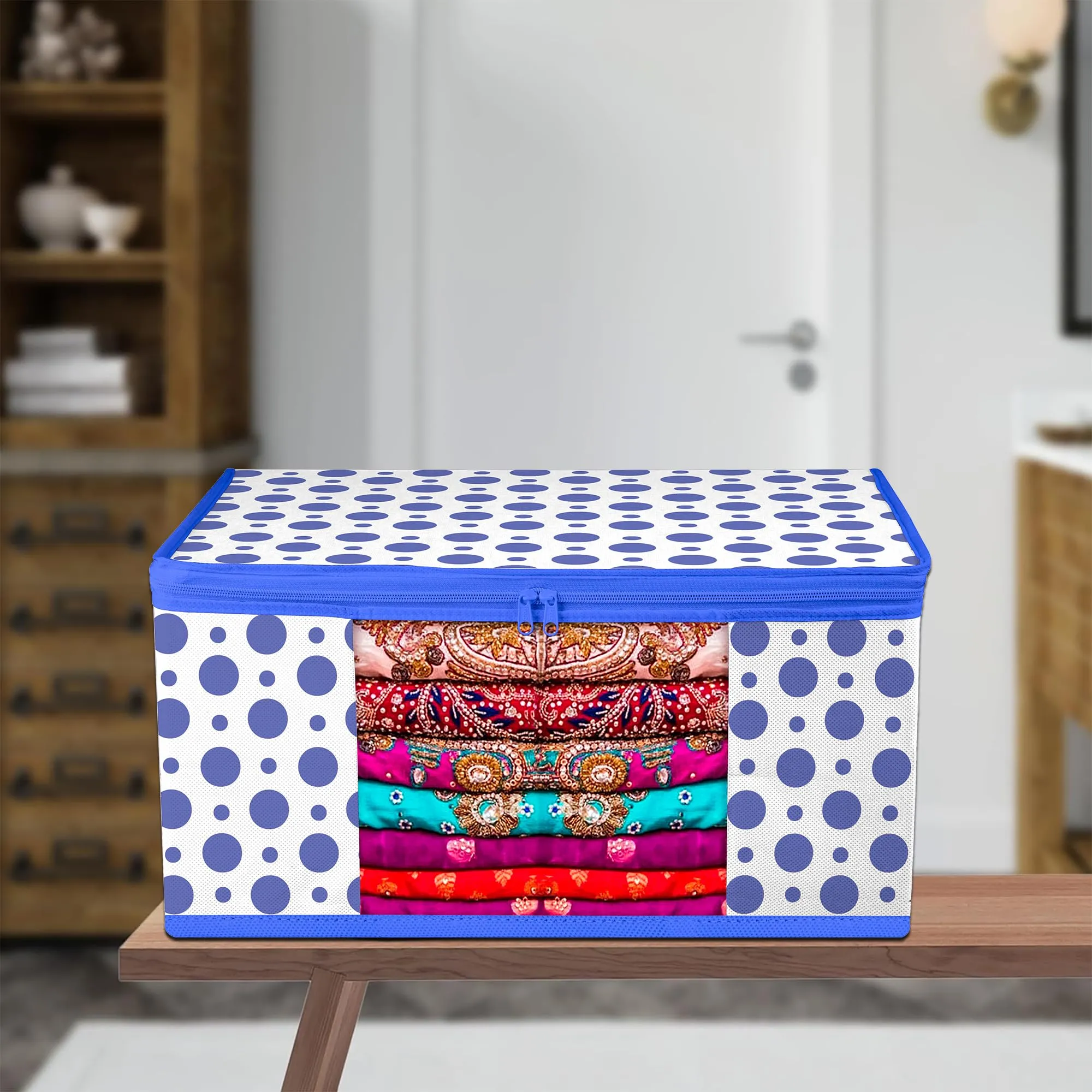 Heart Home Saree Cover | Zip Closure Saree Cover | Clothes Storage Bag | Wardrobe Organiser | Transparent Window Saree Cover | Dot-Design | 9 inch | Pack of 6 | Blue