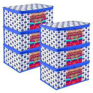 Heart Home Saree Cover | Zip Closure Saree Cover | Clothes Storage Bag | Wardrobe Organiser | Transparent Window Saree Cover | Dot-Design | 9 inch | Pack of 6 | Blue