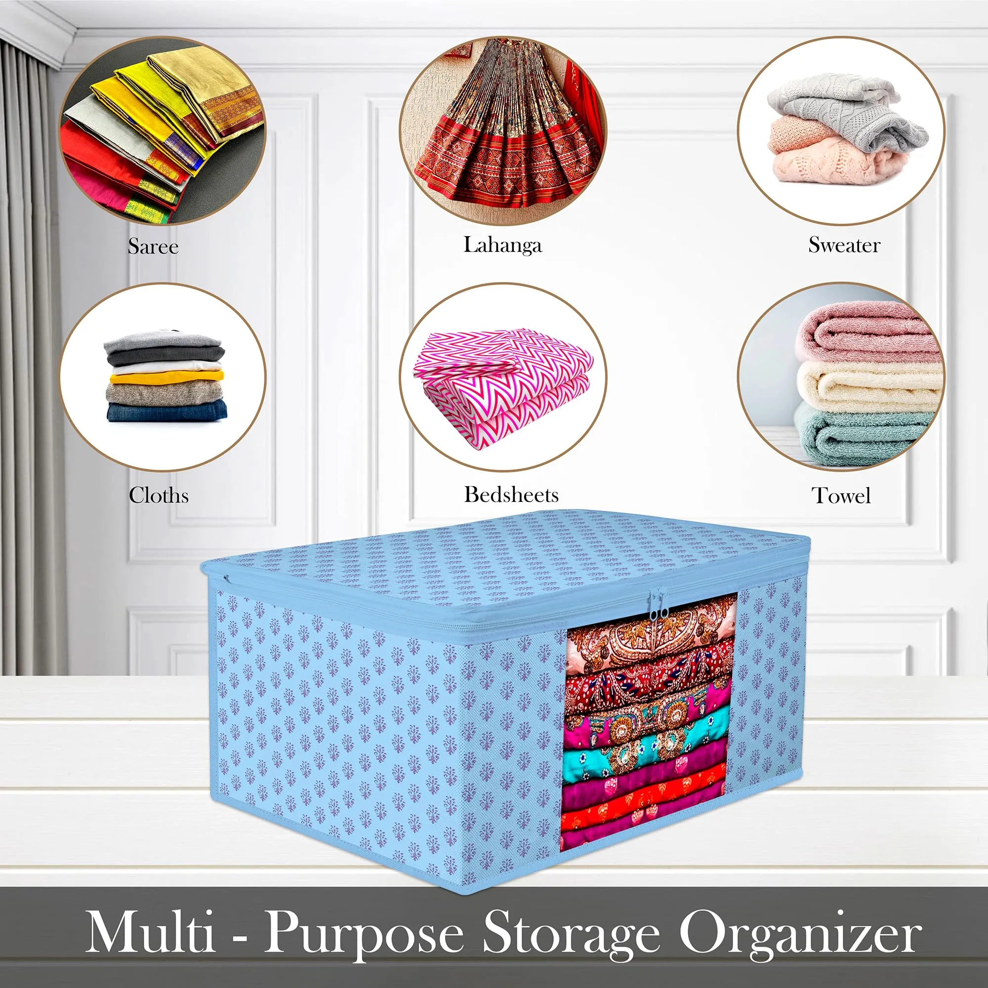 Heart Home Saree Cover | Zip Closure Saree Cover | Clothes Storage Bag | Wardrobe Organiser | Transparent Window Saree Cover | Floral-Design | 9 inch | Pack of 12 | Blue