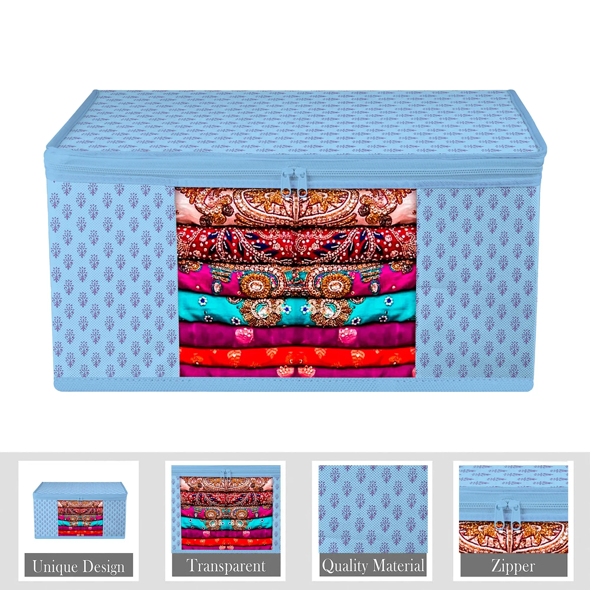 Heart Home Saree Cover | Zip Closure Saree Cover | Clothes Storage Bag | Wardrobe Organiser | Transparent Window Saree Cover | Floral-Design | 9 inch | Pack of 12 | Blue