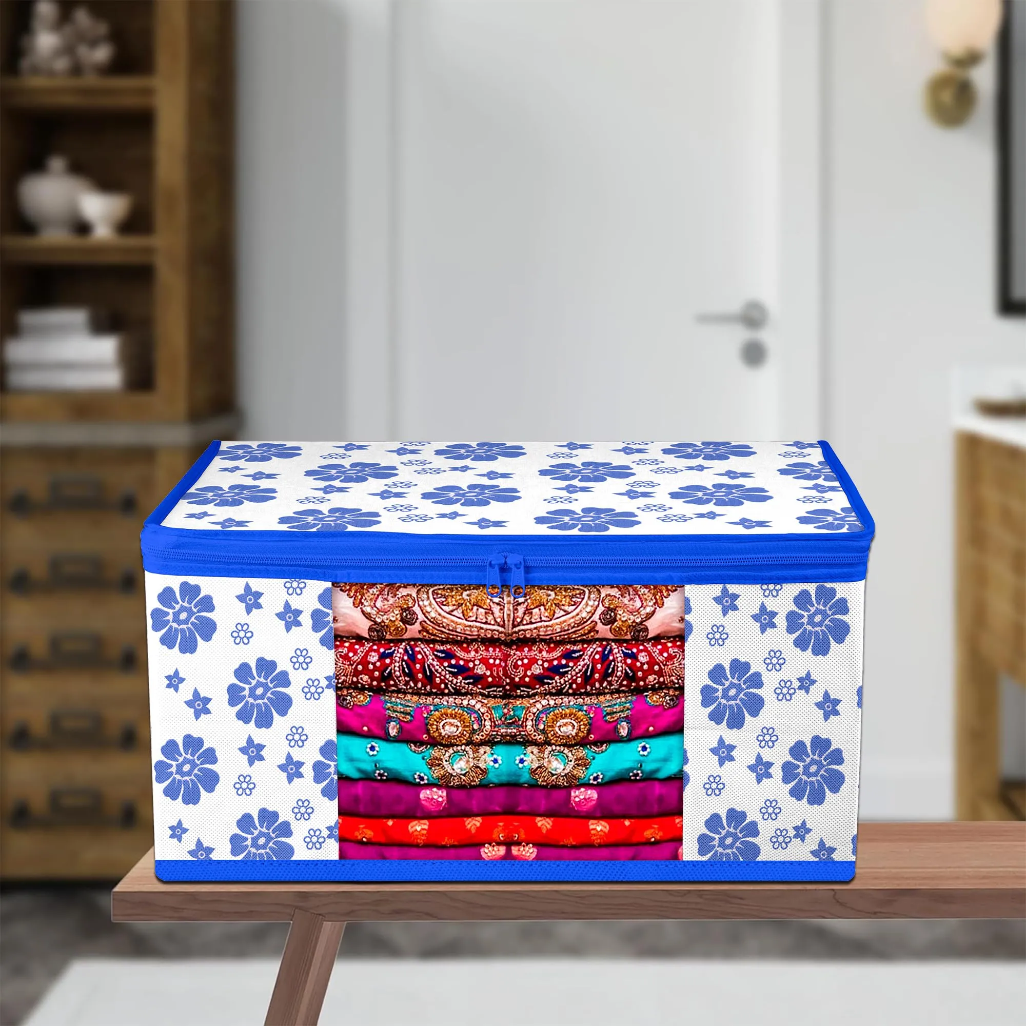 Heart Home Saree Cover | Zip Closure Saree Cover | Clothes Storage Bag | Wardrobe Organiser | Transparent Window Saree Cover | Flower-Design | 9 inch | Pack of 12 | Blue