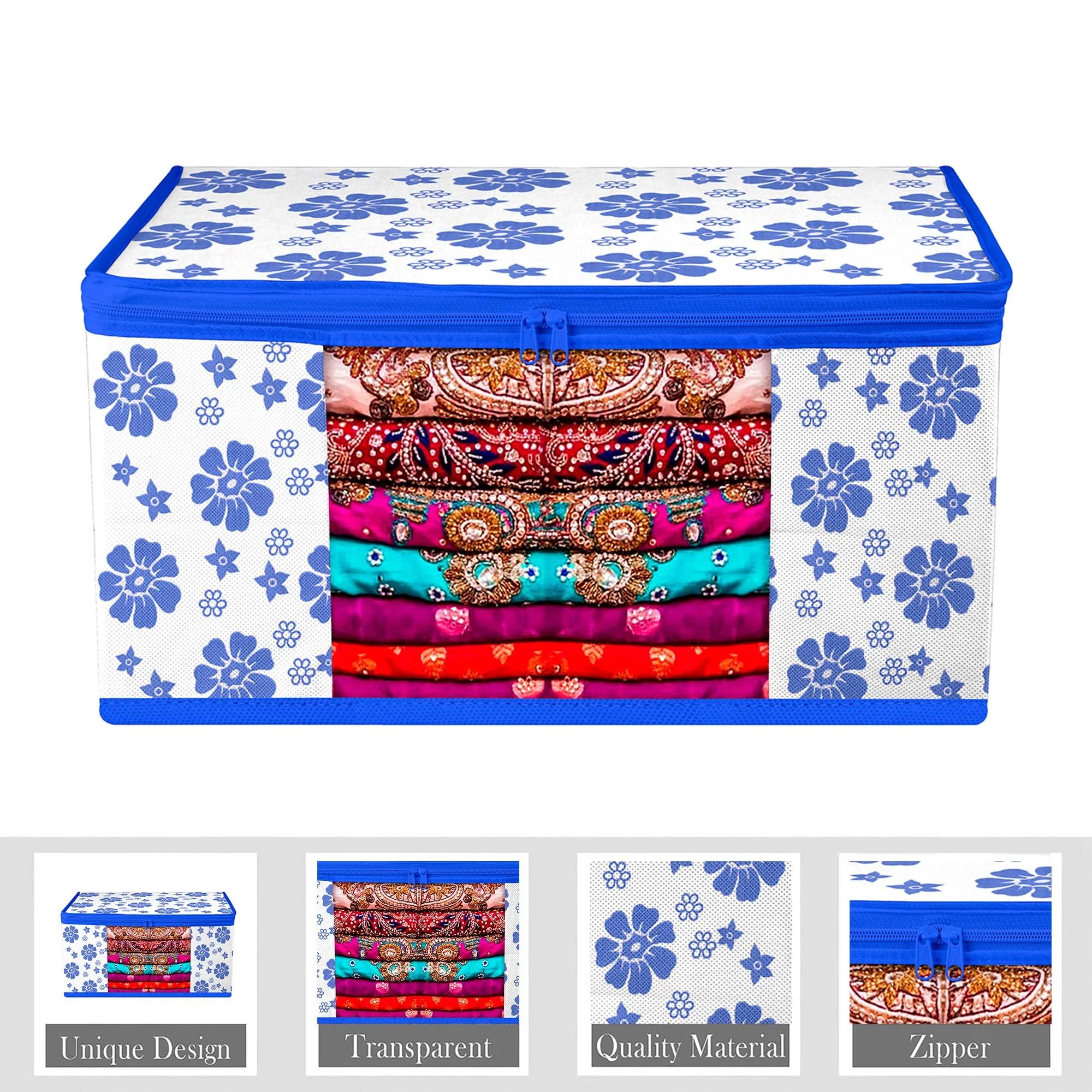 Heart Home Saree Cover | Zip Closure Saree Cover | Clothes Storage Bag | Wardrobe Organiser | Transparent Window Saree Cover | Flower-Design | 9 inch | Pack of 12 | Blue