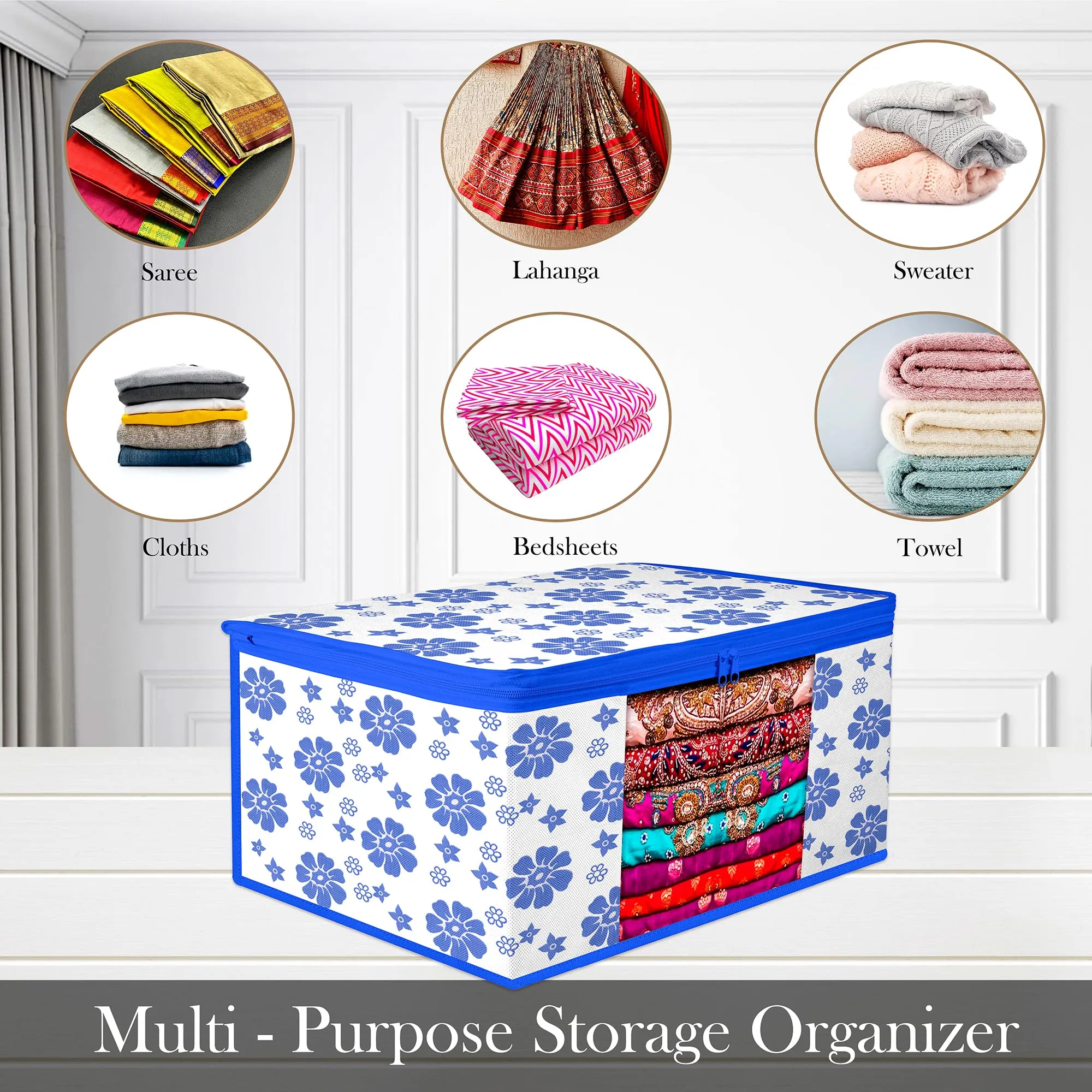 Heart Home Saree Cover | Zip Closure Saree Cover | Clothes Storage Bag | Wardrobe Organiser | Transparent Window Saree Cover | Flower-Design | 9 inch | Pack of 12 | Blue