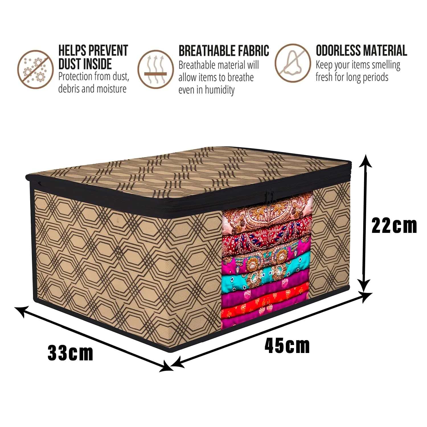 Heart Home Saree Cover | Zip Closure Saree Cover | Clothes Storage Bag | Wardrobe Organiser | Transparent Window Saree Cover | Honeycomb-Design | 9 inch | Pack of 6 | Coffee