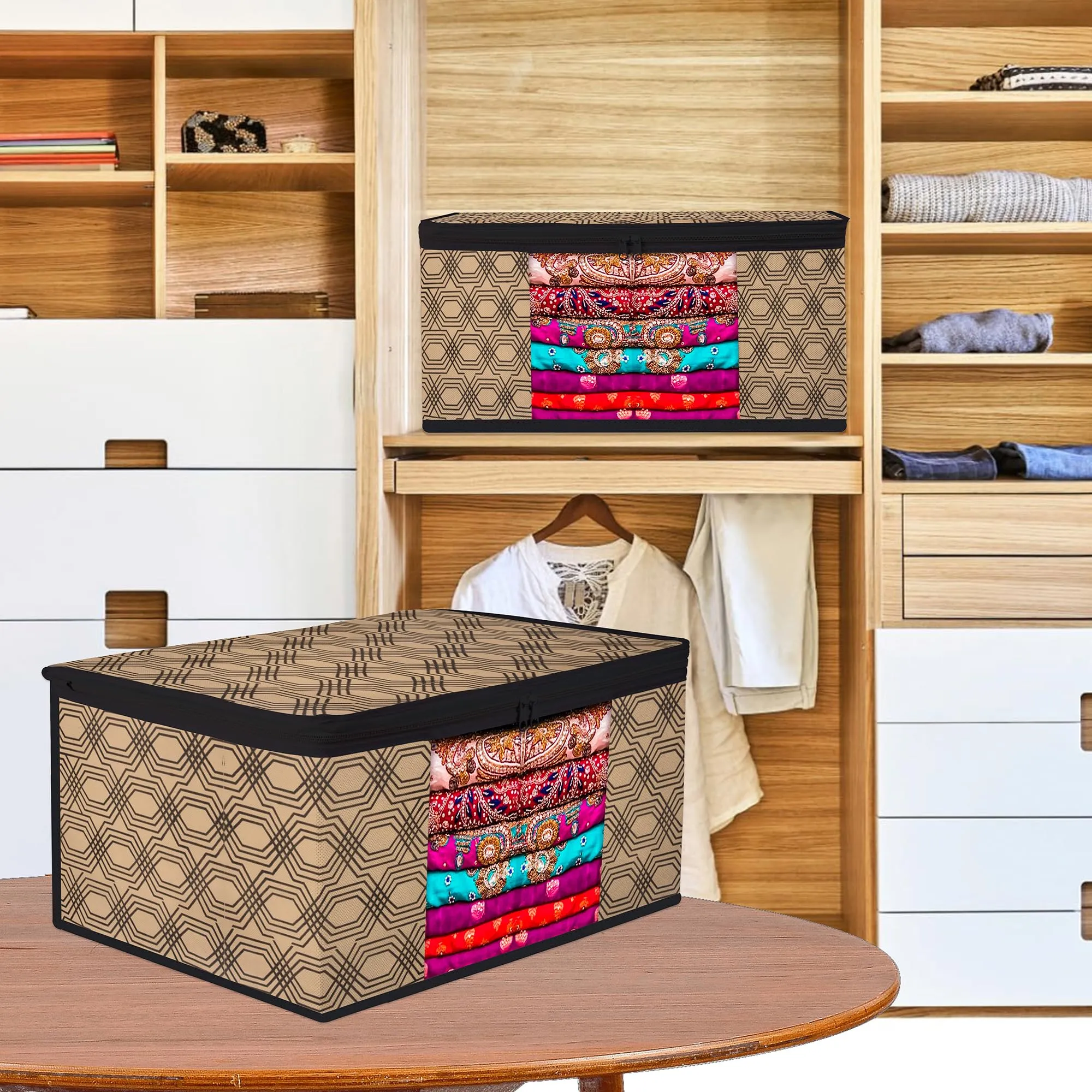 Heart Home Saree Cover | Zip Closure Saree Cover | Clothes Storage Bag | Wardrobe Organiser | Transparent Window Saree Cover | Honeycomb-Design | 9 inch | Pack of 6 | Coffee