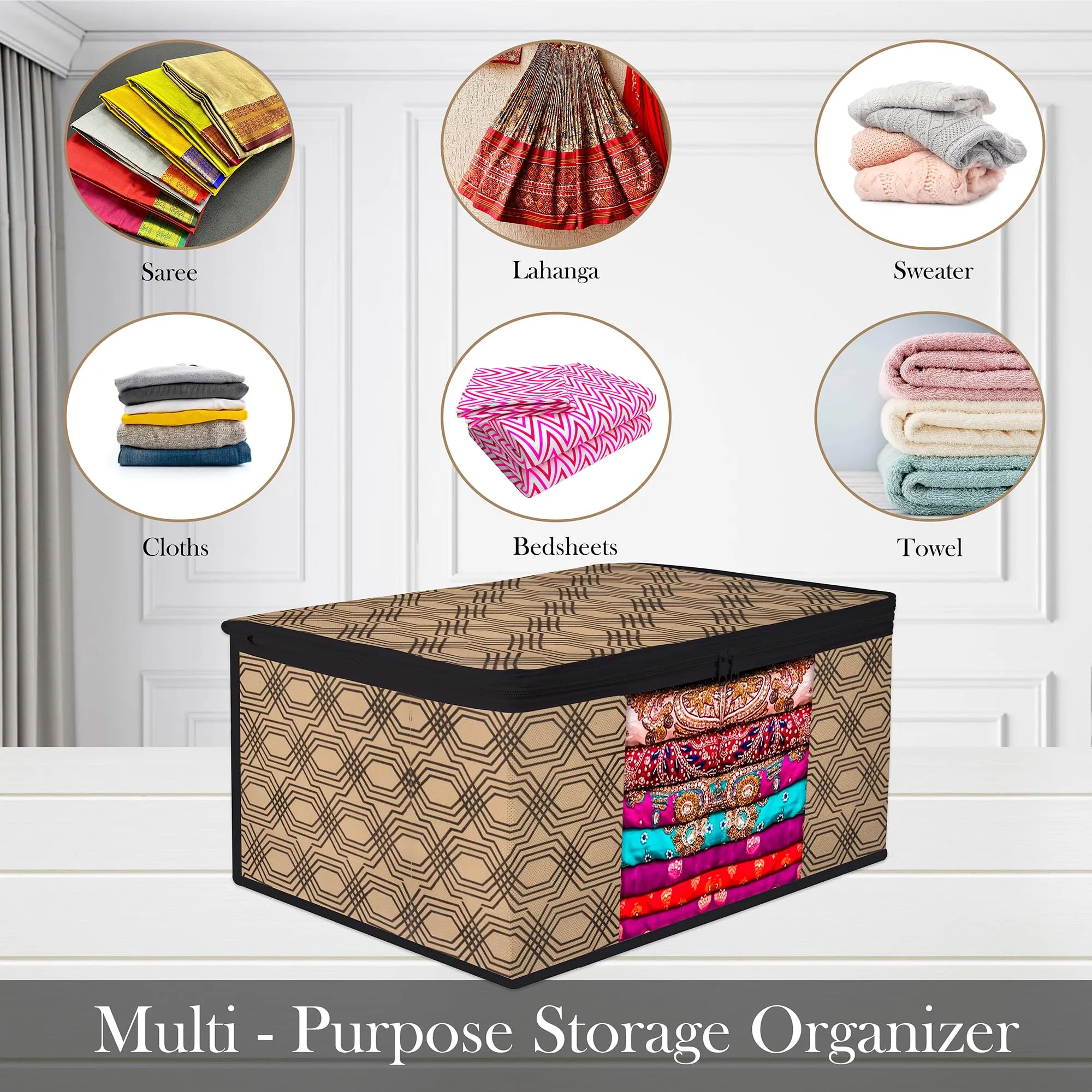 Heart Home Saree Cover | Zip Closure Saree Cover | Clothes Storage Bag | Wardrobe Organiser | Transparent Window Saree Cover | Honeycomb-Design | 9 inch | Pack of 6 | Coffee