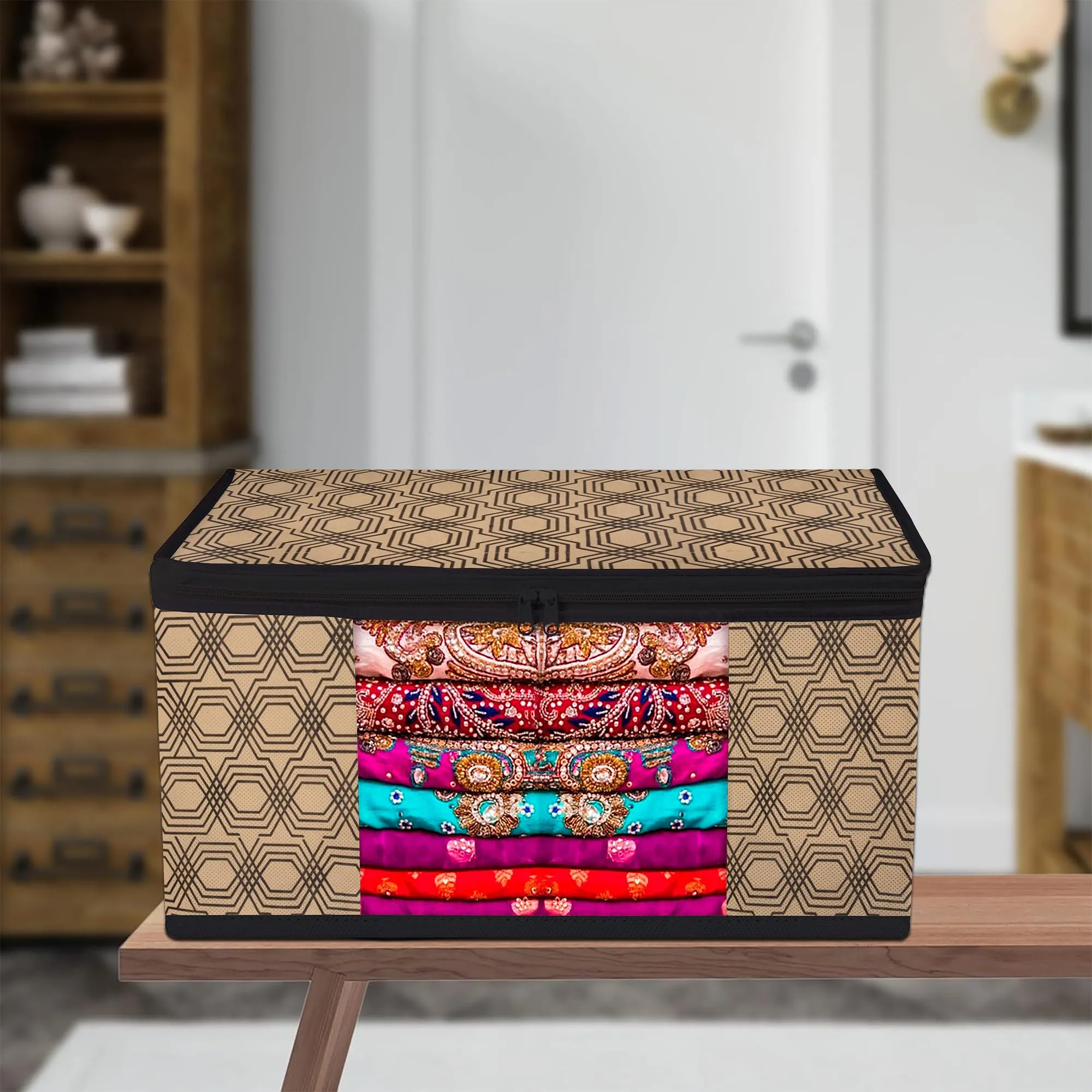 Heart Home Saree Cover | Zip Closure Saree Cover | Clothes Storage Bag | Wardrobe Organiser | Transparent Window Saree Cover | Honeycomb-Design | 9 inch | Pack of 6 | Coffee