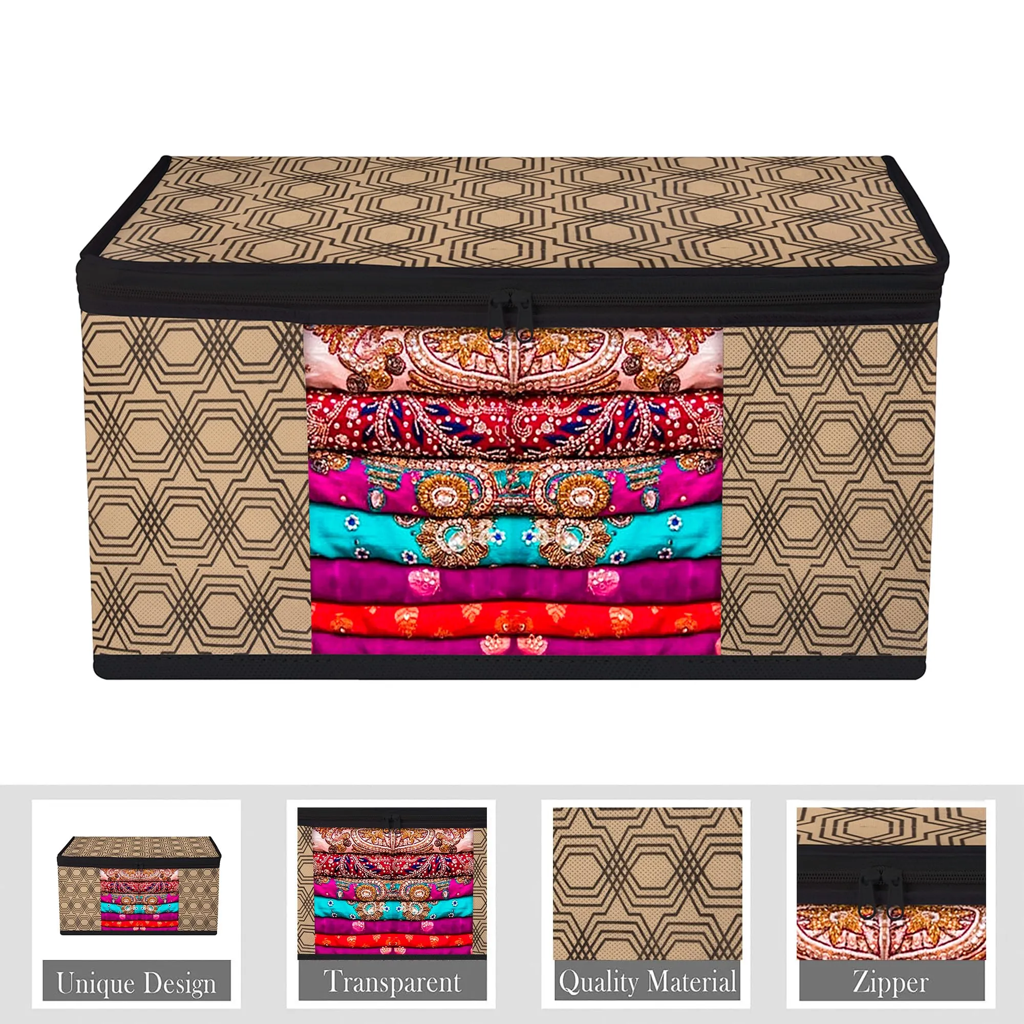 Heart Home Saree Cover | Zip Closure Saree Cover | Clothes Storage Bag | Wardrobe Organiser | Transparent Window Saree Cover | Honeycomb-Design | 9 inch | Pack of 6 | Coffee