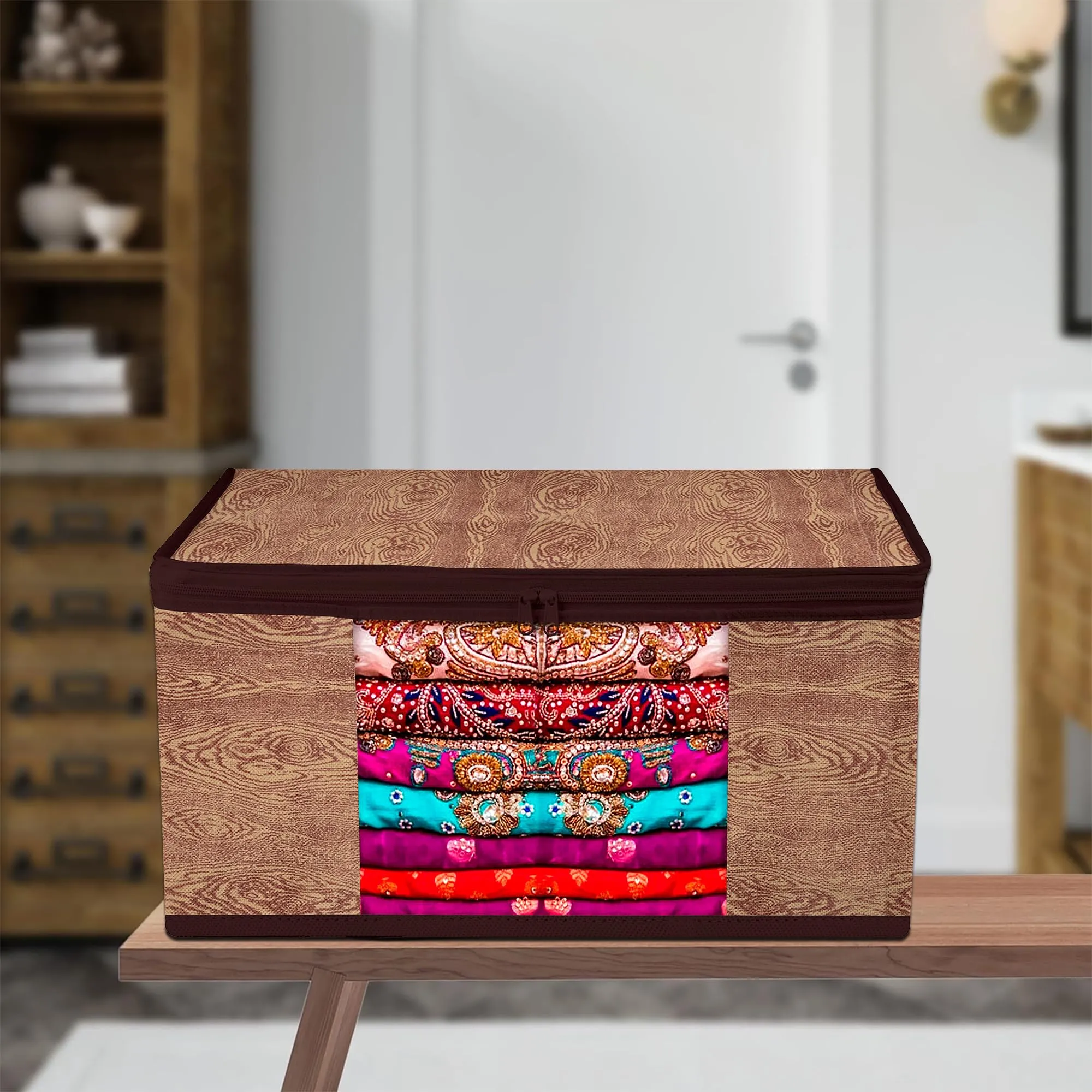 Heart Home Saree Cover | Zip Closure Saree Cover | Clothes Storage Bag | Wardrobe Organiser | Transparent Window Saree Cover | Wodden Texture-Design | 9 inch | Pack of 9 | Brown