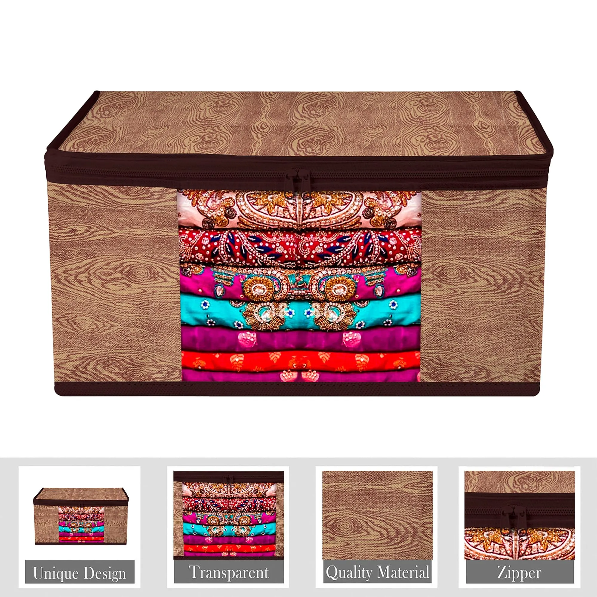 Heart Home Saree Cover | Zip Closure Saree Cover | Clothes Storage Bag | Wardrobe Organiser | Transparent Window Saree Cover | Wodden Texture-Design | 9 inch | Pack of 9 | Brown