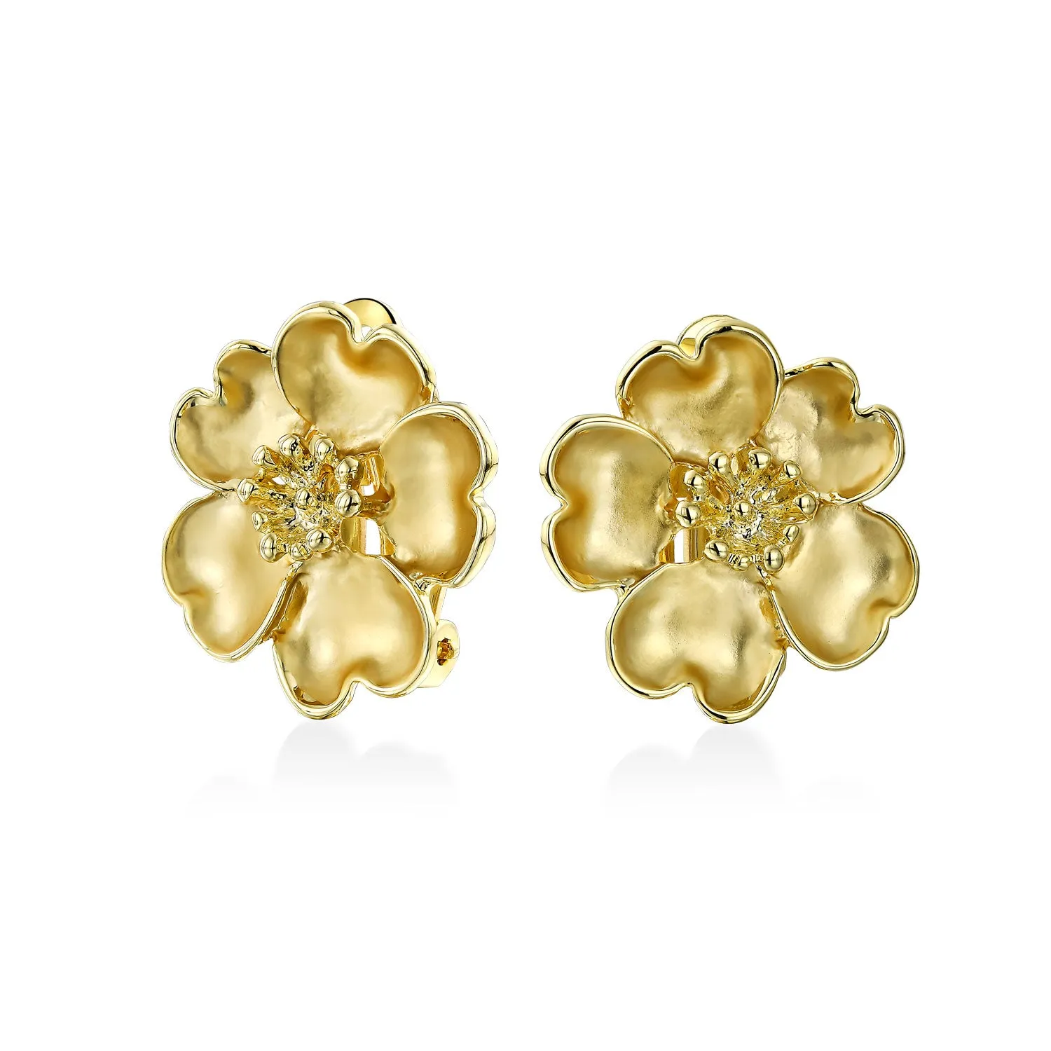 Heart Petals Flower CZ Clip-On Earrings for Non-Pierced Ears 14K Gold Plated