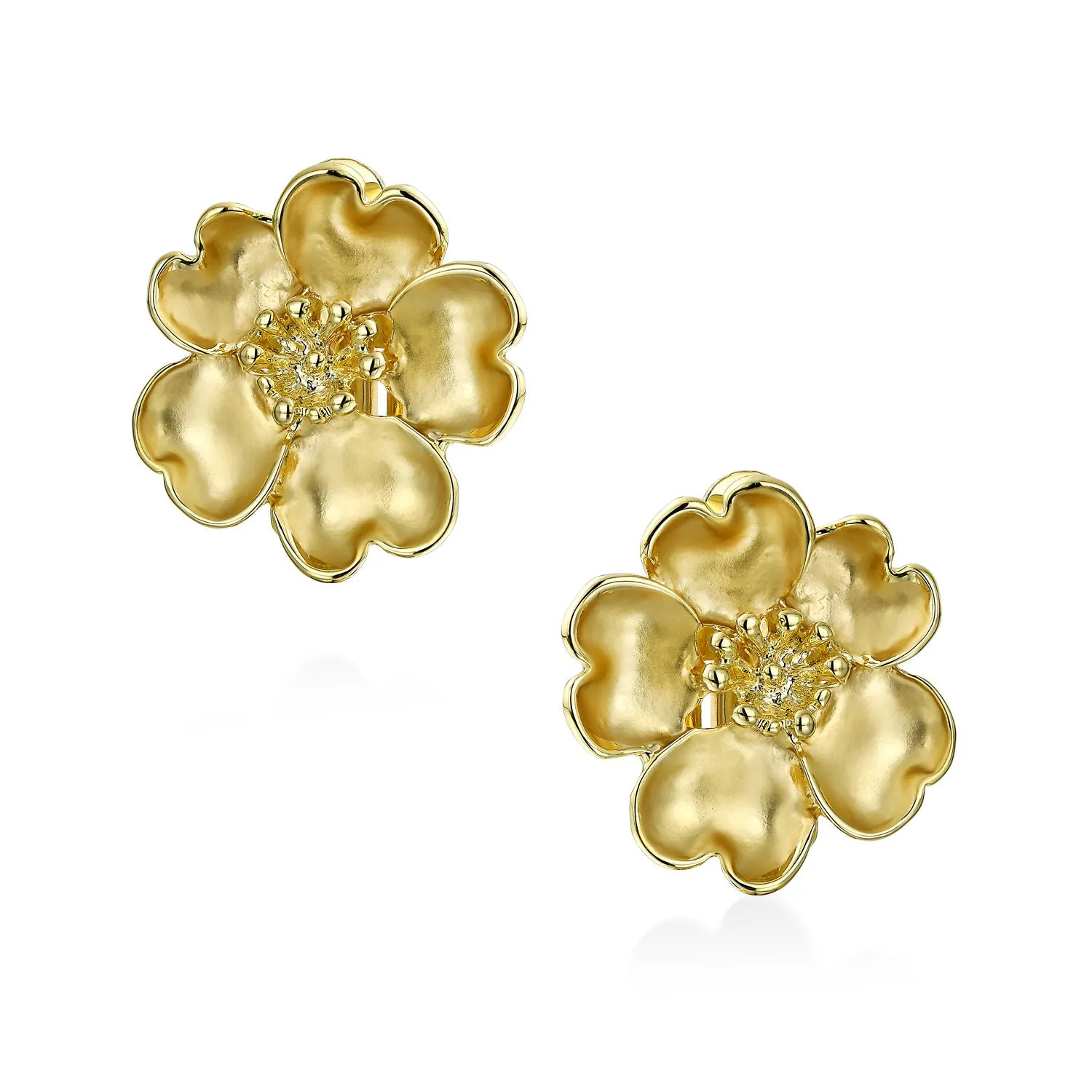 Heart Petals Flower CZ Clip-On Earrings for Non-Pierced Ears 14K Gold Plated