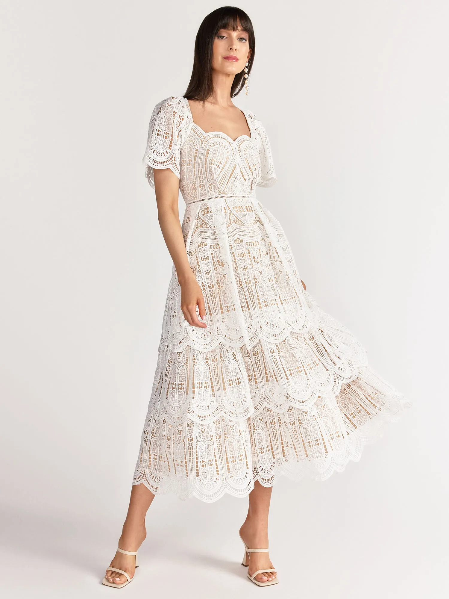 Just Me Tiered Short Sleeve Sweetheart Scallop Lace Dress - Brands We Love