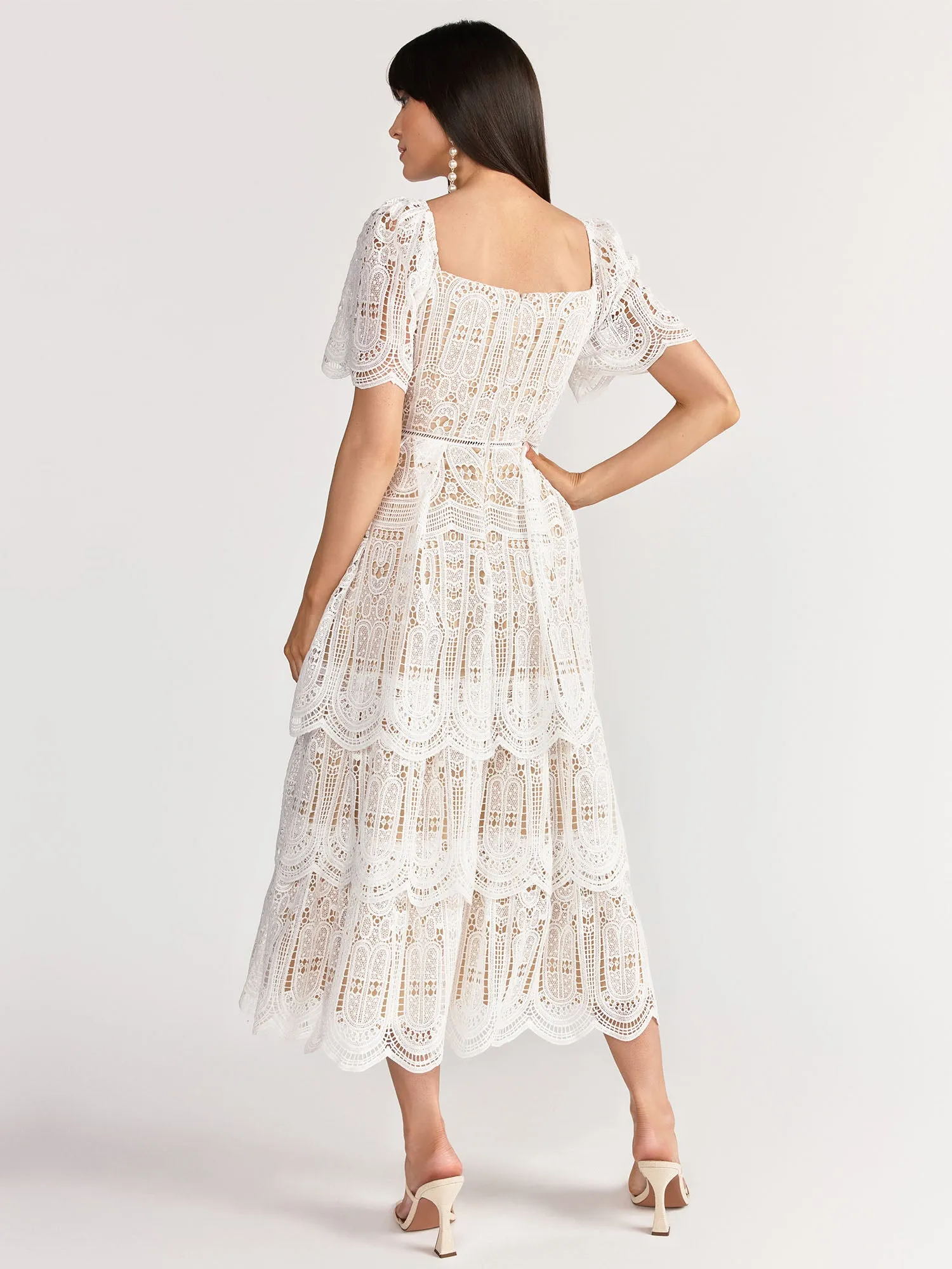 Just Me Tiered Short Sleeve Sweetheart Scallop Lace Dress - Brands We Love