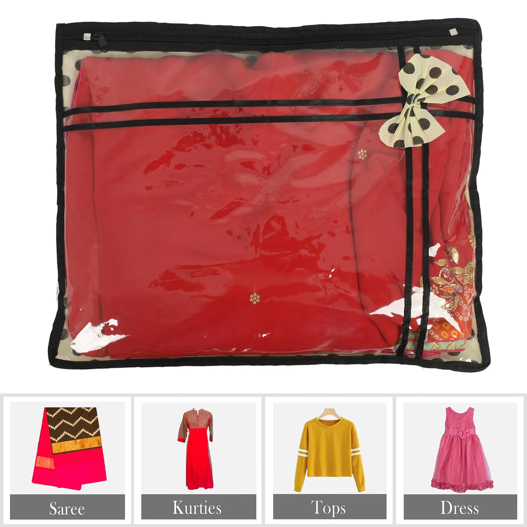 Kuber Industries Saree Cover | Clothes Storage Bag | Single Packing Saree with Zip Closure | Wardrobe Organizer | Cloth Stoarge Organizer | Dot Bow-Design | Pack of 12 | Cream