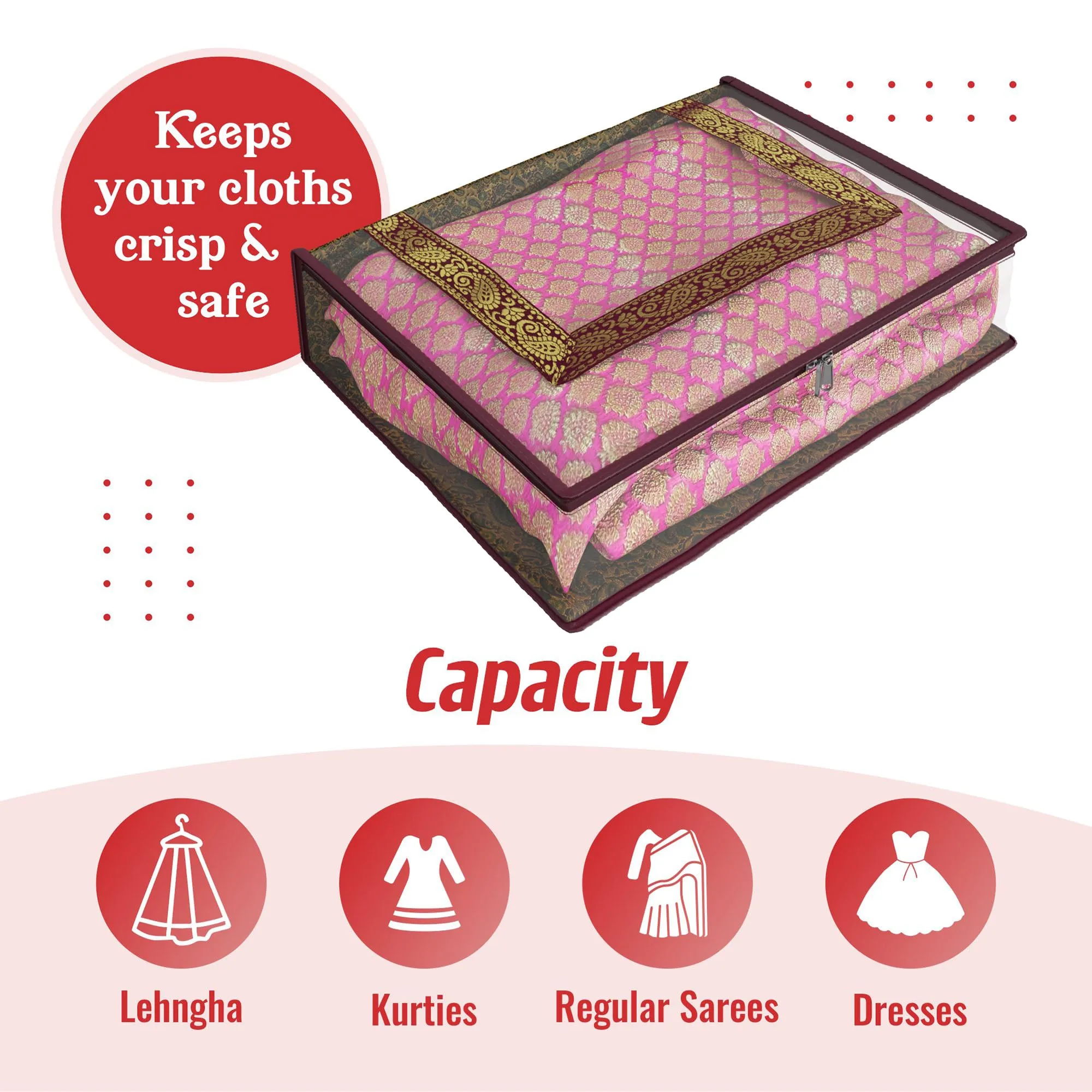Kuber Industries Saree Cover | Clothes Storage Bag | Storage Organizer Bag | Zip Closure Saree Cover | Transparent Wardrobe Organizer | U Gota Lace Carry-Design | 6 Inch | Pack of 2 | Maroon