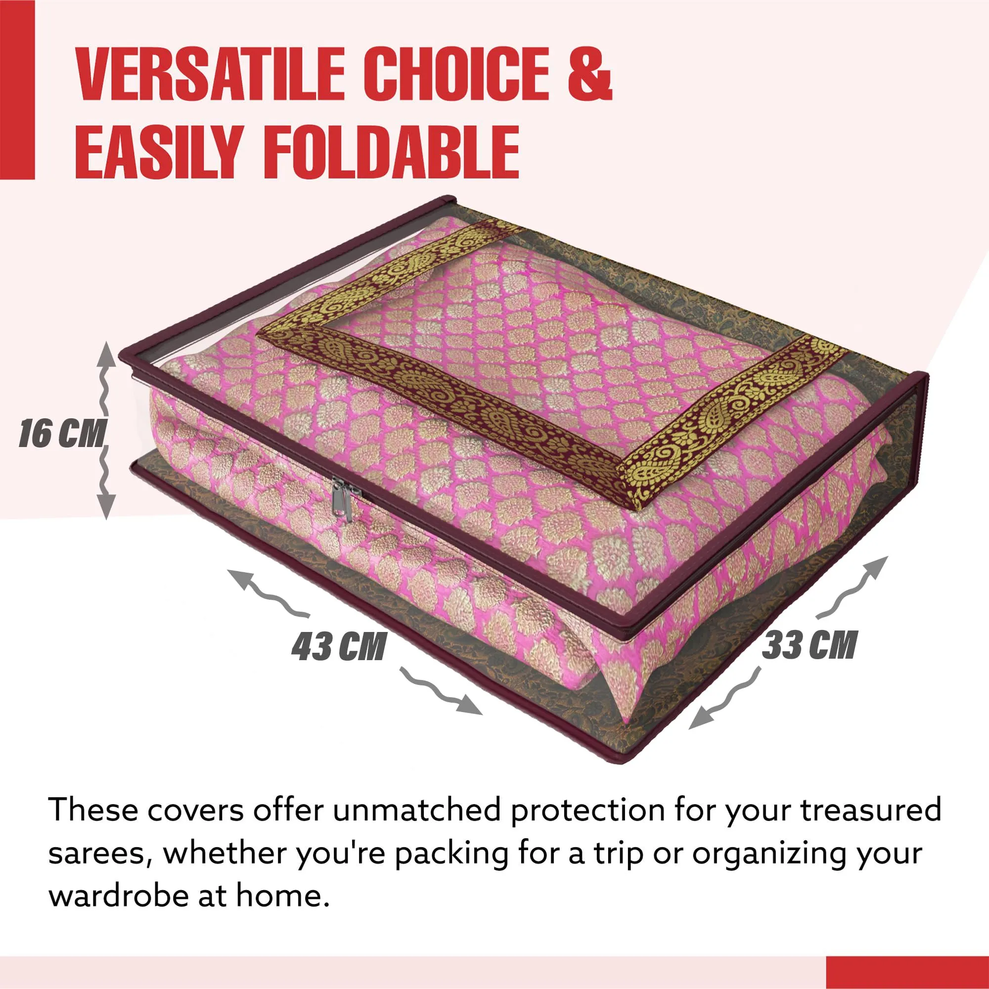 Kuber Industries Saree Cover | Clothes Storage Bag | Storage Organizer Bag | Zip Closure Saree Cover | Transparent Wardrobe Organizer | U Gota Lace Carry-Design | 6 Inch | Pack of 2 | Maroon