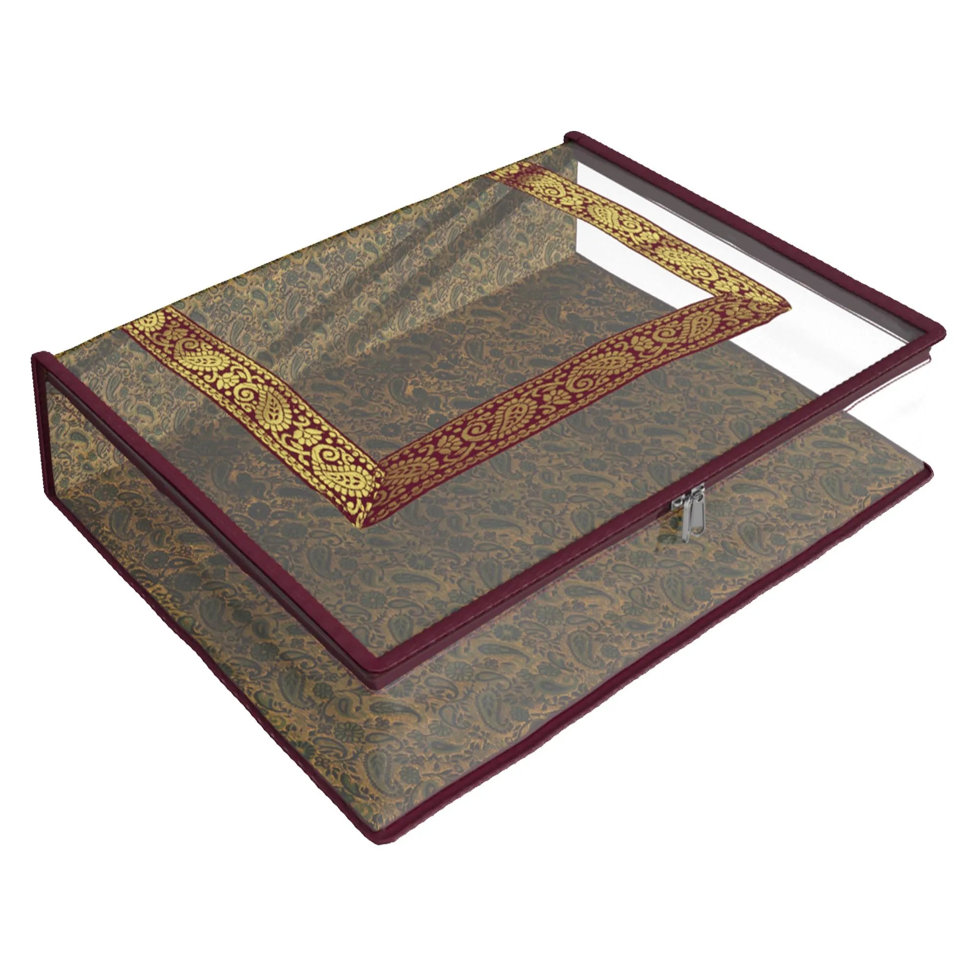 Kuber Industries Saree Cover | Clothes Storage Bag | Storage Organizer Bag | Zip Closure Saree Cover | Transparent Wardrobe Organizer | U Gota Lace Carry-Design | 6 Inch | Pack of 2 | Maroon