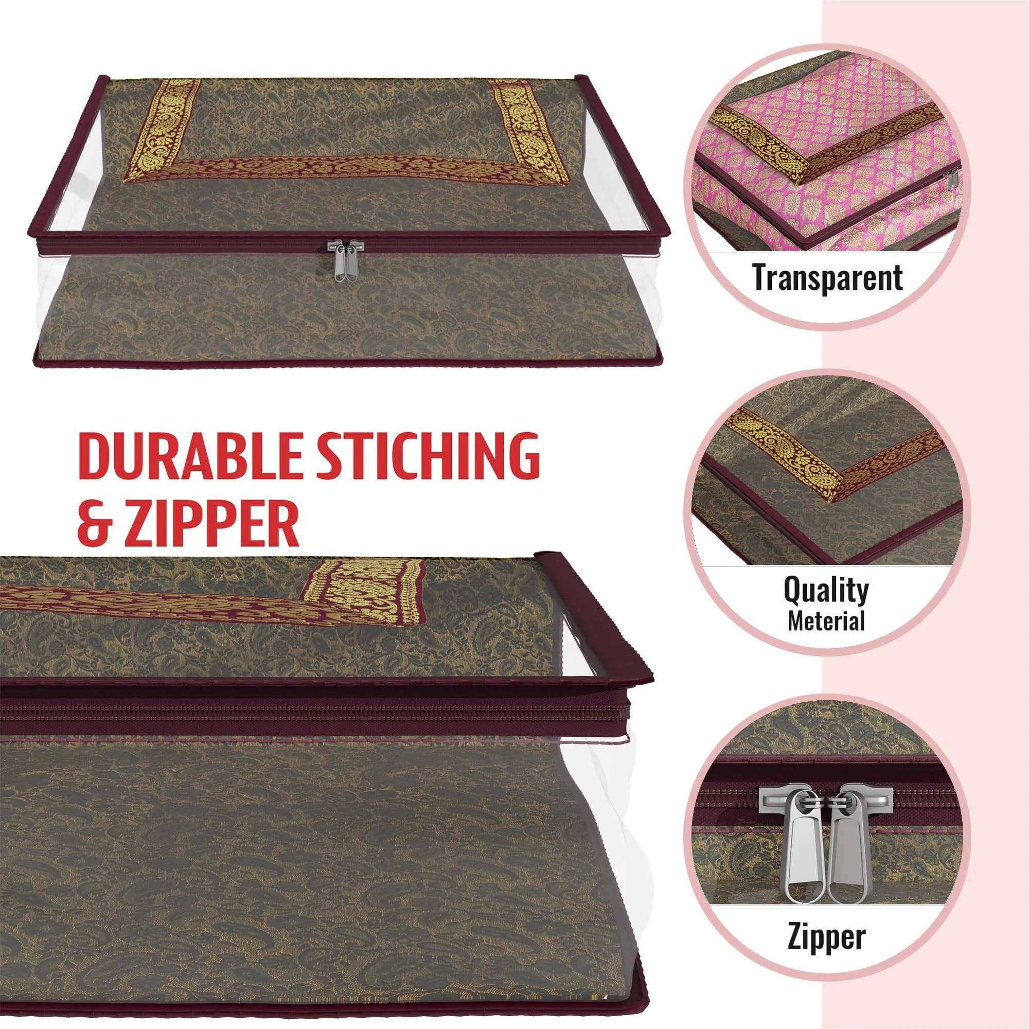 Kuber Industries Saree Cover | Clothes Storage Bag | Storage Organizer Bag | Zip Closure Saree Cover | Transparent Wardrobe Organizer | U Gota Lace Carry-Design | 6 Inch | Pack of 2 | Maroon