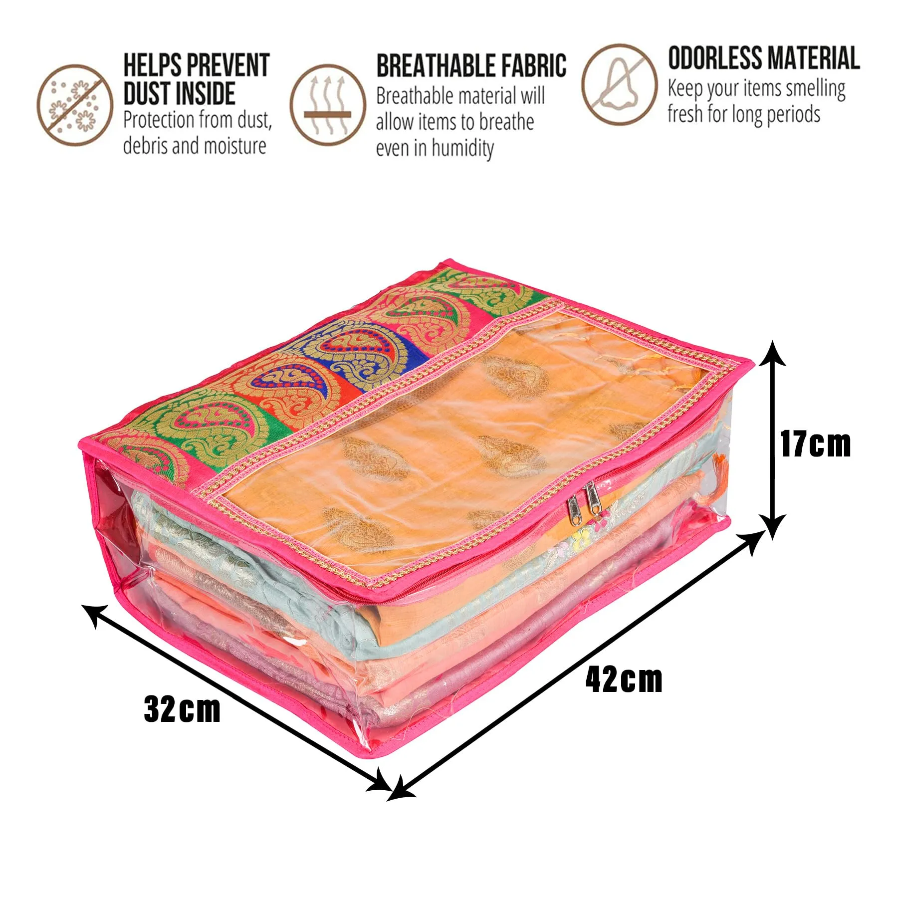 Kuber Industries Saree Cover | Clothes Storage Bag | Storage Organizer Bag | Zip Closure Saree Cover | Wardrobe Organizer | Carry Half Lace Transparent Saree Cover | 6 Inch | Pack of 2 | Pink