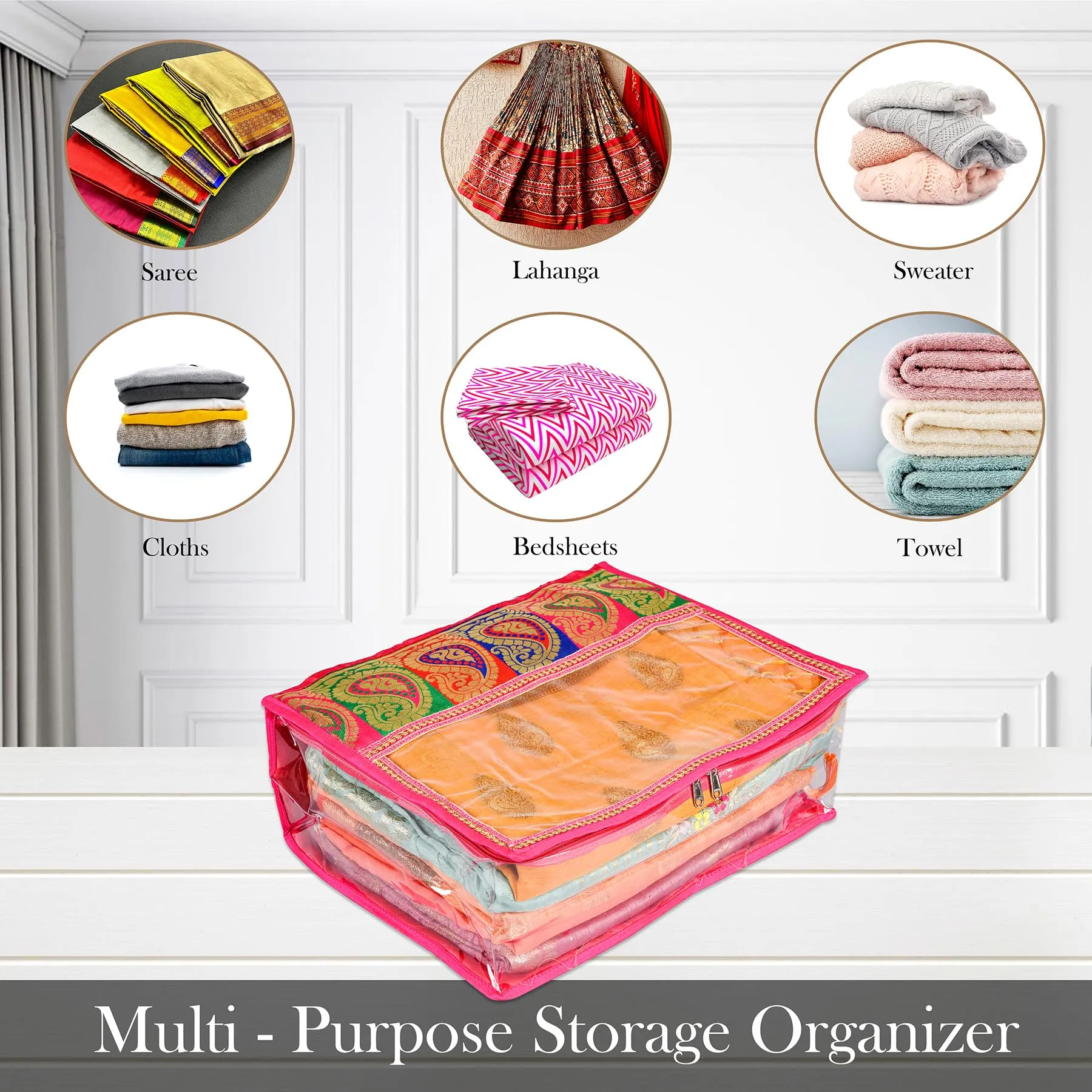 Kuber Industries Saree Cover | Clothes Storage Bag | Storage Organizer Bag | Zip Closure Saree Cover | Wardrobe Organizer | Carry Half Lace Transparent Saree Cover | 6 Inch | Pack of 2 | Pink