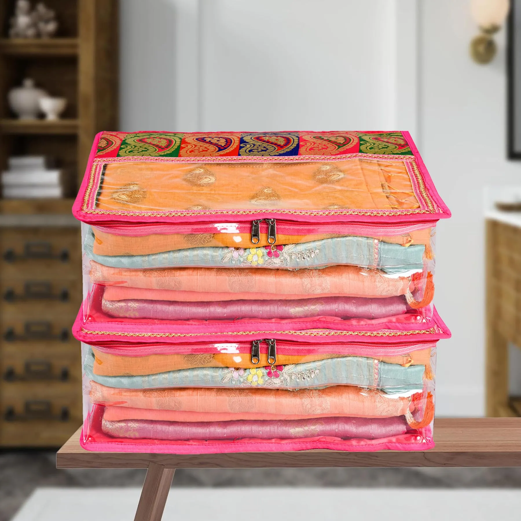 Kuber Industries Saree Cover | Clothes Storage Bag | Storage Organizer Bag | Zip Closure Saree Cover | Wardrobe Organizer | Carry Half Lace Transparent Saree Cover | 6 Inch | Pack of 2 | Pink