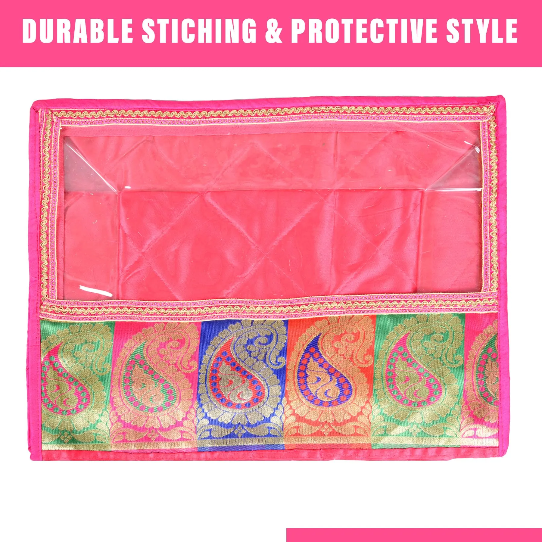 Kuber Industries Saree Cover | Clothes Storage Bag | Storage Organizer Bag | Zip Closure Saree Cover | Wardrobe Organizer | Carry Half Lace Transparent Saree Cover | 6 Inch | Pack of 2 | Pink