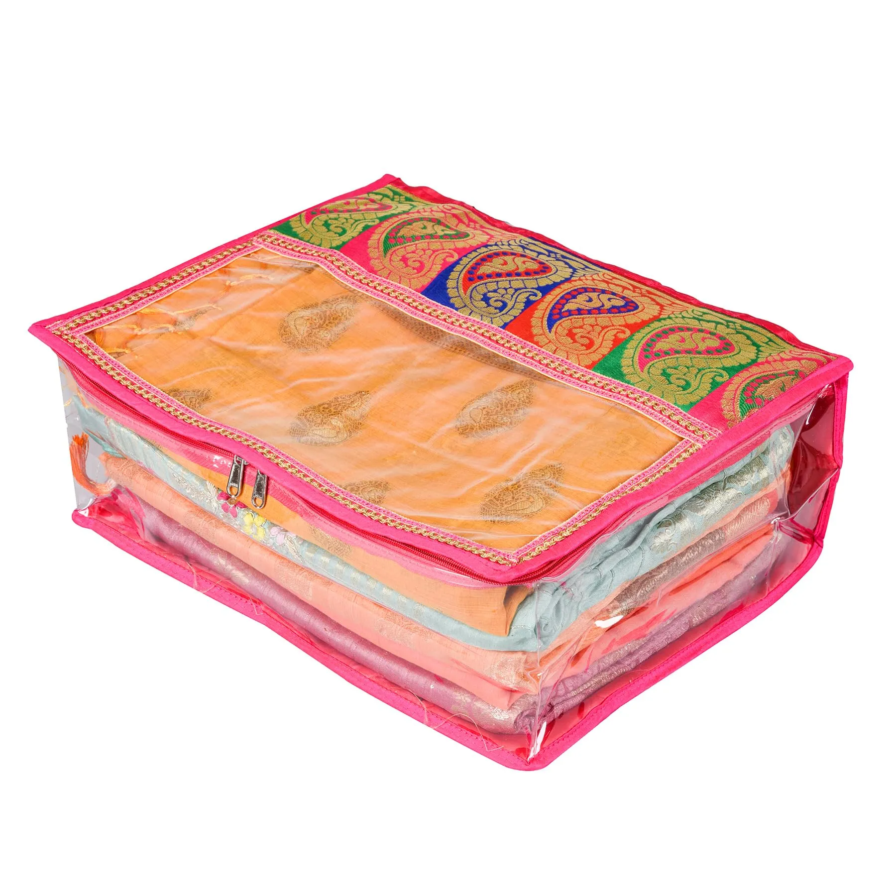 Kuber Industries Saree Cover | Clothes Storage Bag | Storage Organizer Bag | Zip Closure Saree Cover | Wardrobe Organizer | Carry Half Lace Transparent Saree Cover | 6 Inch | Pack of 2 | Pink
