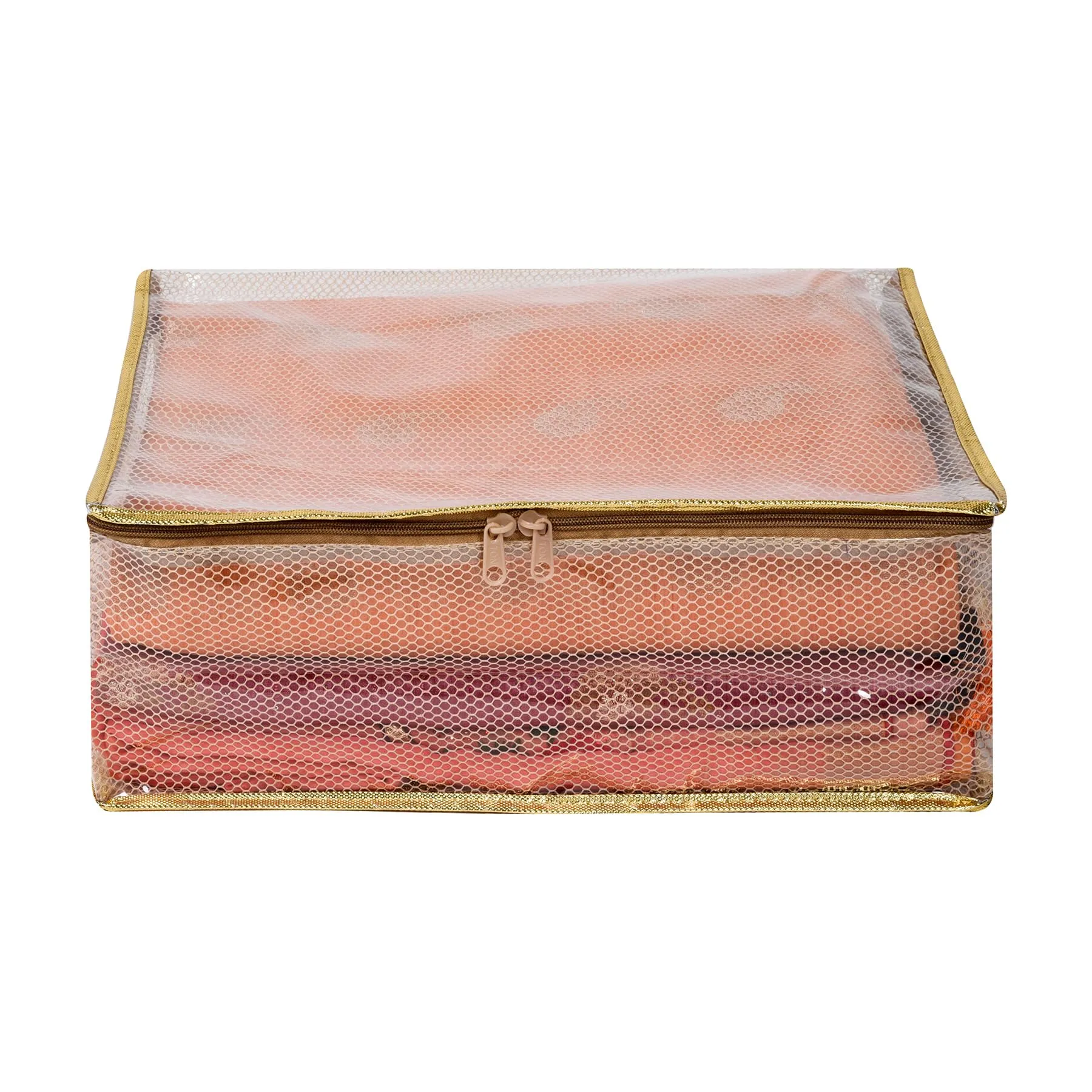 Kuber Industries Saree Cover | Clothes Storage Bag | Storage Organizer Bag | Zip Closure Saree Cover | Wardrobe Organizer | Mesh Transparent Saree Cover | 6 Inch | Pack of 4 | Golden