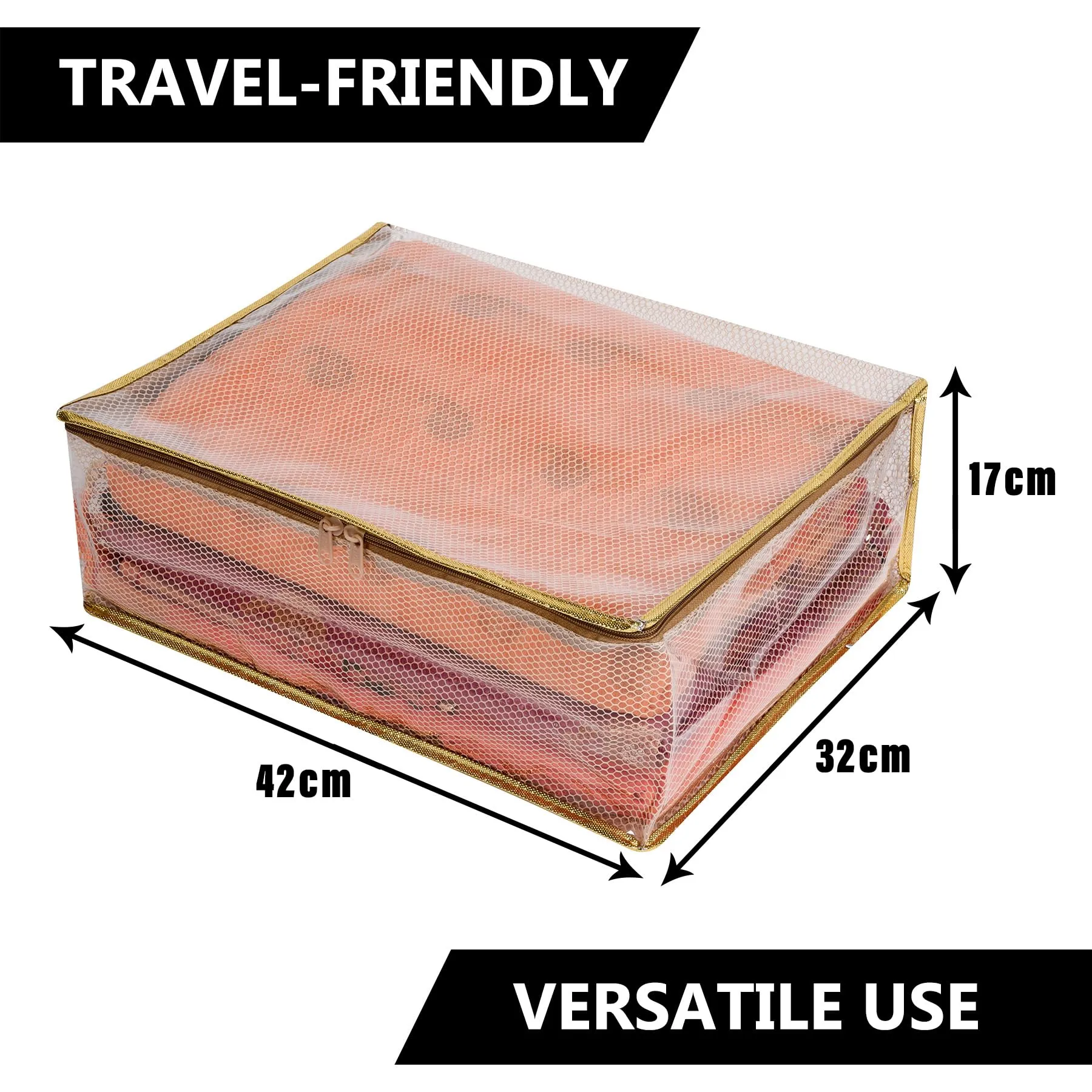 Kuber Industries Saree Cover | Clothes Storage Bag | Storage Organizer Bag | Zip Closure Saree Cover | Wardrobe Organizer | Mesh Transparent Saree Cover | 6 Inch | Pack of 4 | Golden