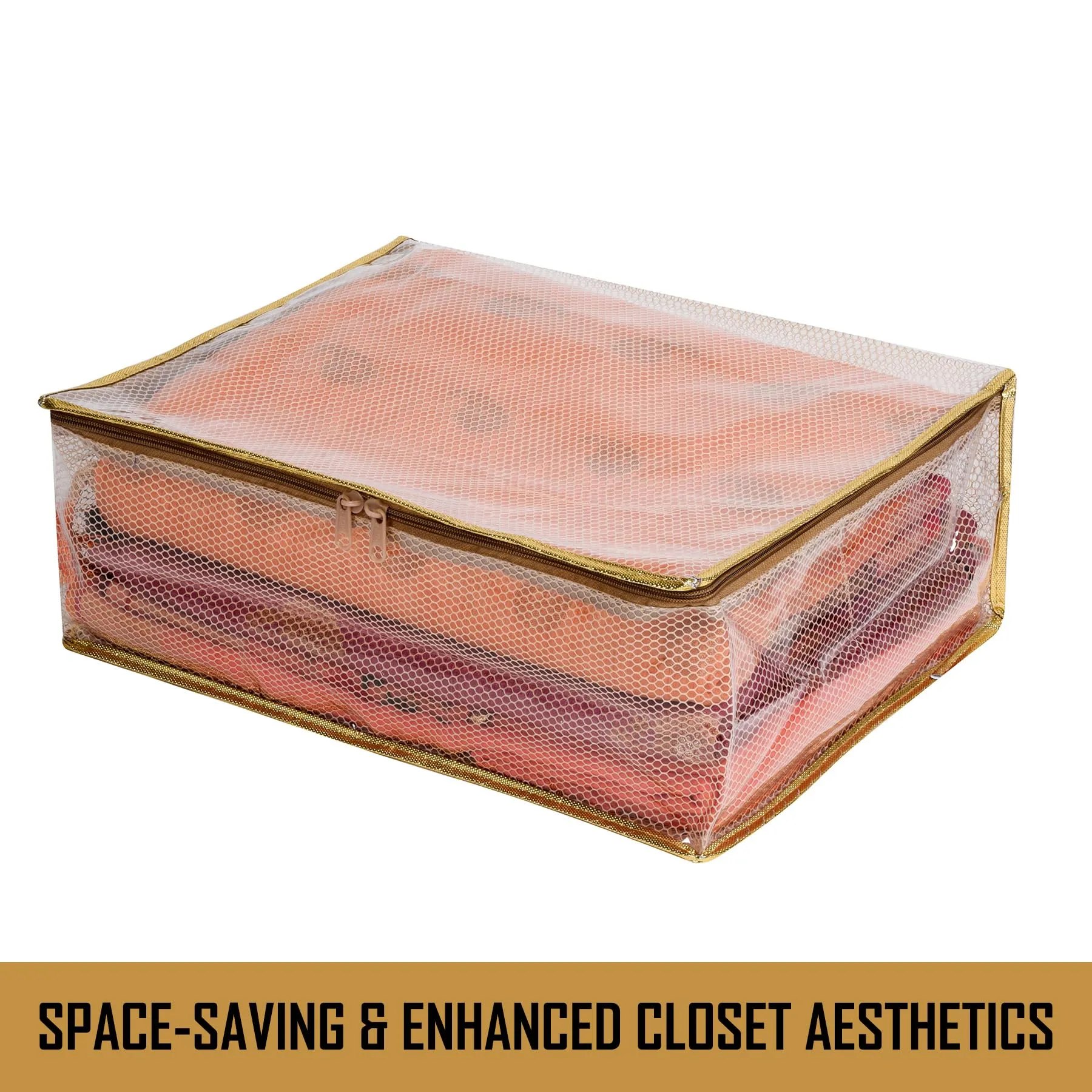 Kuber Industries Saree Cover | Clothes Storage Bag | Storage Organizer Bag | Zip Closure Saree Cover | Wardrobe Organizer | Mesh Transparent Saree Cover | 6 Inch | Pack of 4 | Golden