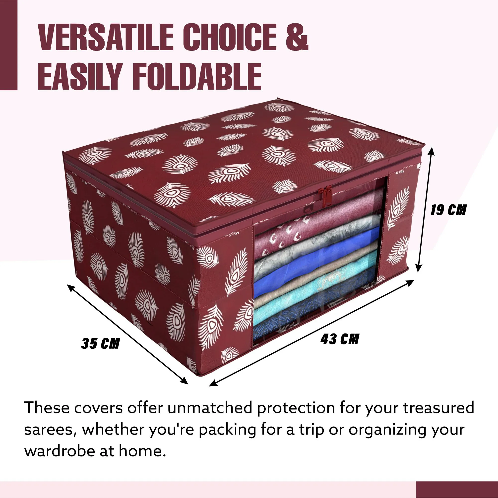 Kuber Industries Saree Cover | Clothes Storage Bag | Storage Organizer Bag | Zip Closure Saree Cover | Wardrobe Organizer | Peacock Feather-Design | 6 Inch | Pack of 3 | Maroon