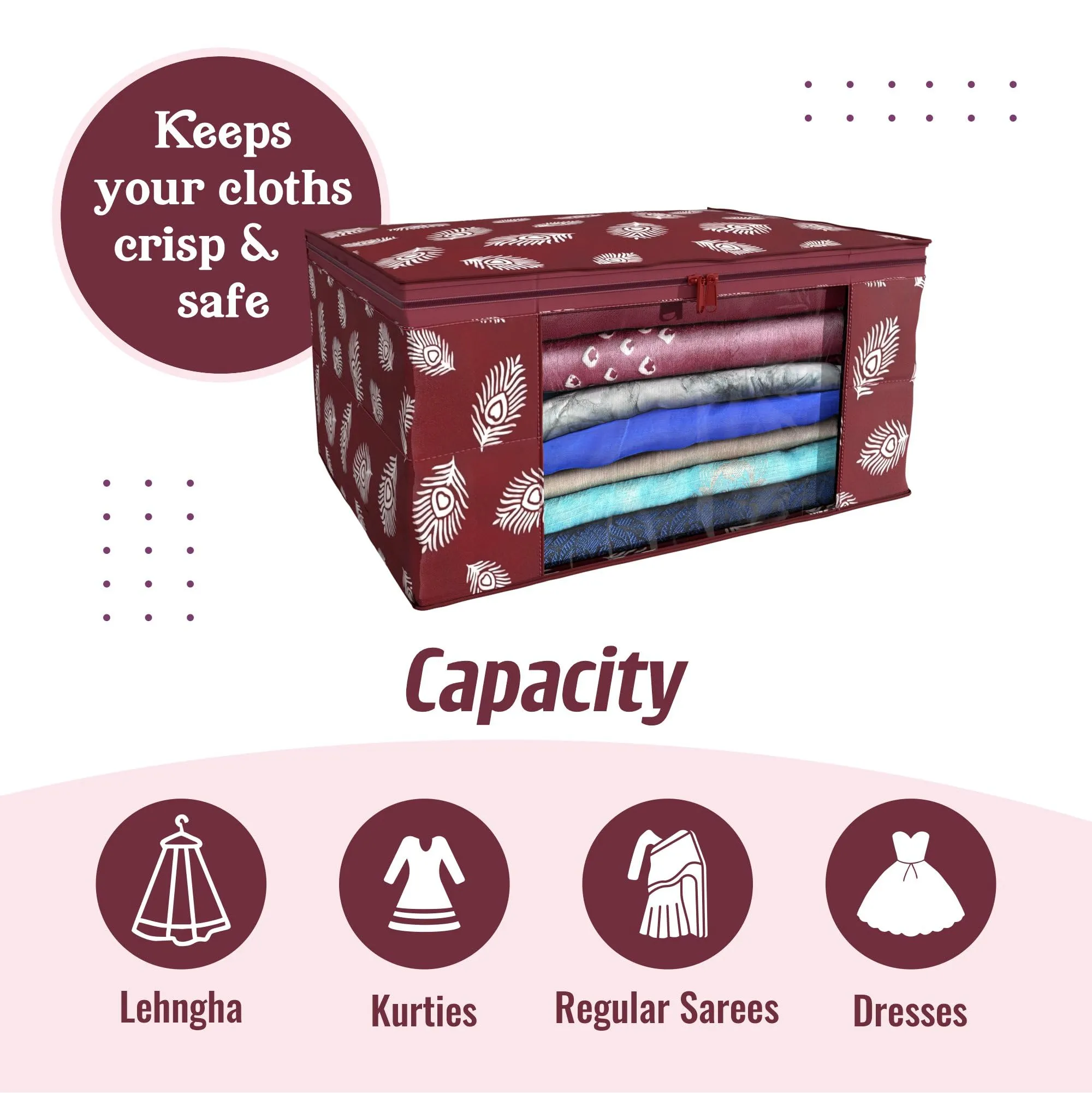 Kuber Industries Saree Cover | Clothes Storage Bag | Storage Organizer Bag | Zip Closure Saree Cover | Wardrobe Organizer | Peacock Feather-Design | 6 Inch | Pack of 3 | Maroon