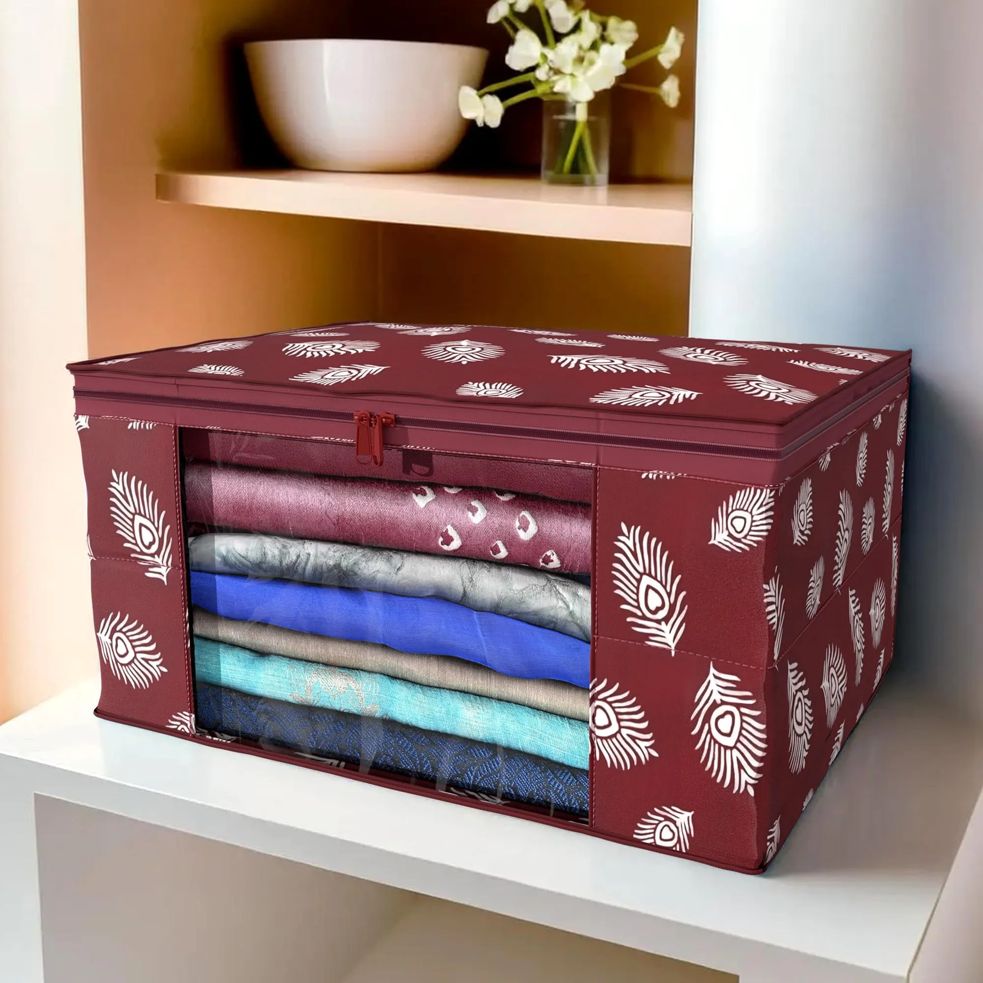 Kuber Industries Saree Cover | Clothes Storage Bag | Storage Organizer Bag | Zip Closure Saree Cover | Wardrobe Organizer | Peacock Feather-Design | 6 Inch | Pack of 3 | Maroon