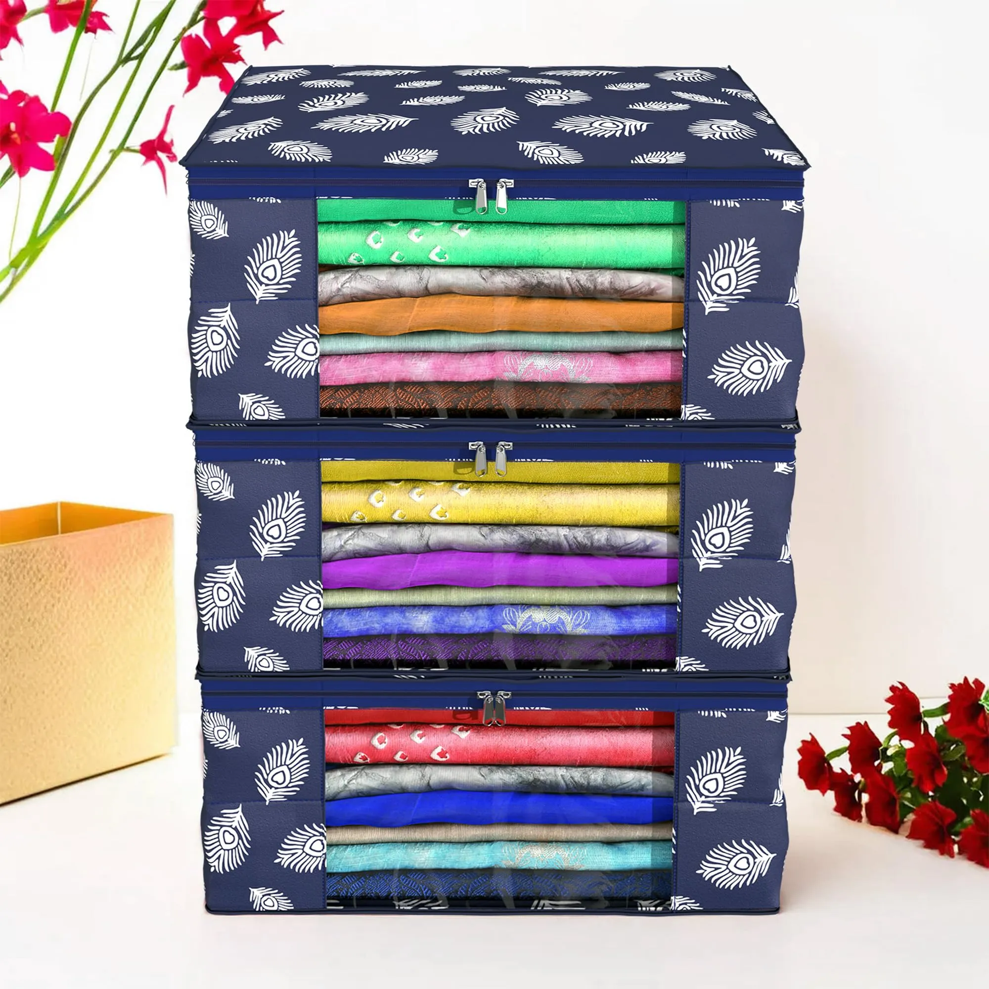 Kuber Industries Saree Cover | Clothes Storage Bag | Storage Organizer Bag | Zip Closure Saree Cover | Wardrobe Organizer | Peacock Feather-Design | 6 Inch | Pack of 3 | Navy Blue